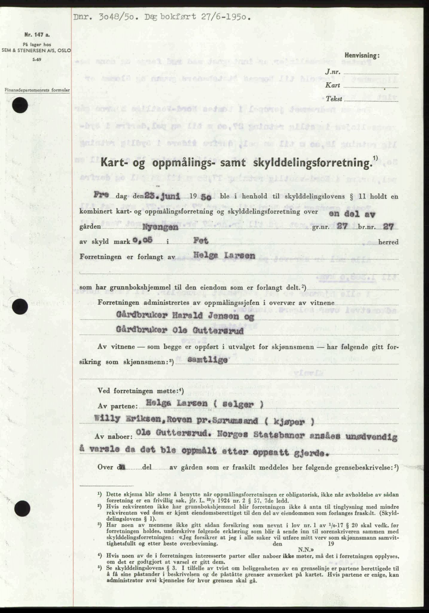 Nedre Romerike sorenskriveri, SAO/A-10469/G/Gb/Gbd/L0030: Mortgage book no. 30, 1950-1950, Diary no: : 3048/1950