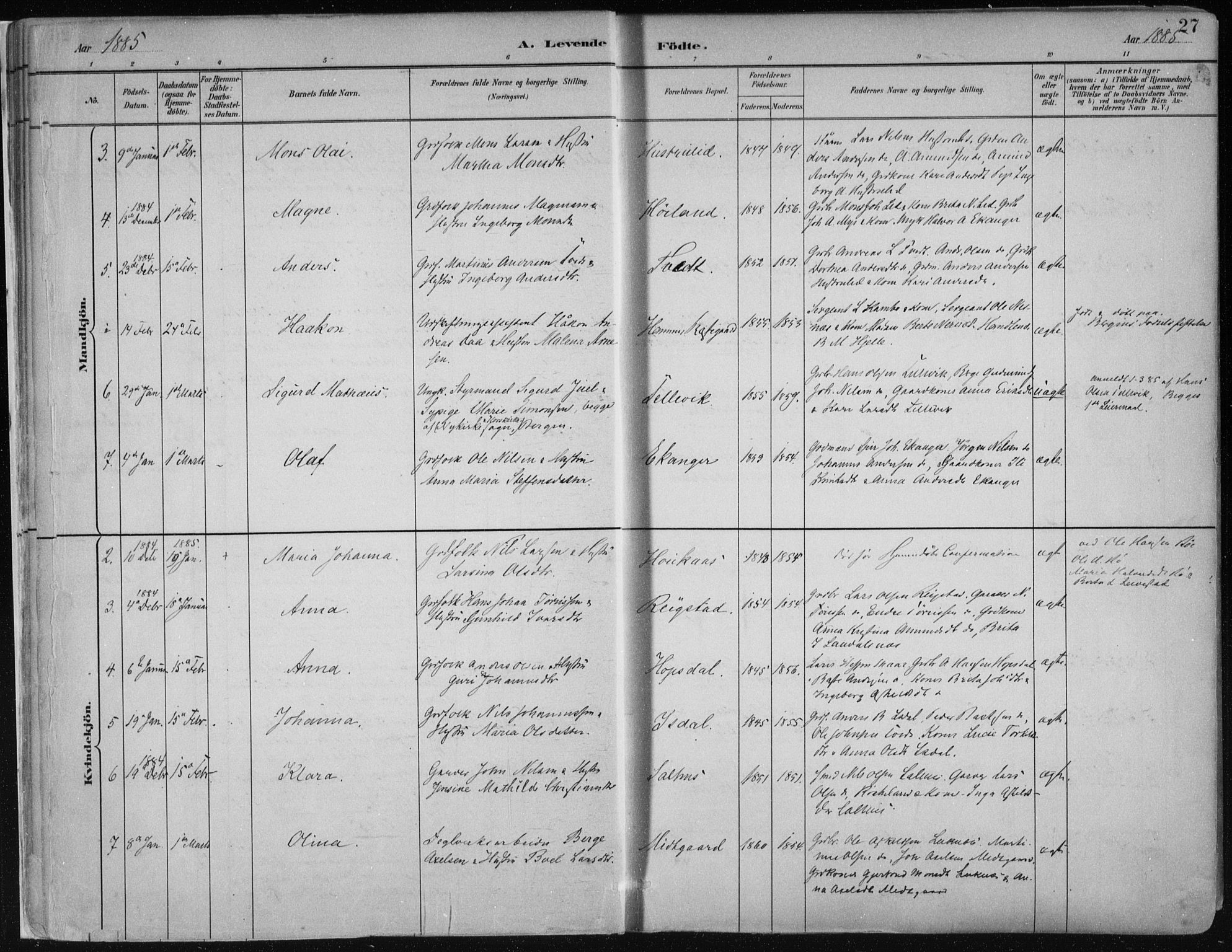 Hamre sokneprestembete, AV/SAB-A-75501/H/Ha/Haa/Haab/L0001: Parish register (official) no. B  1, 1882-1905, p. 27