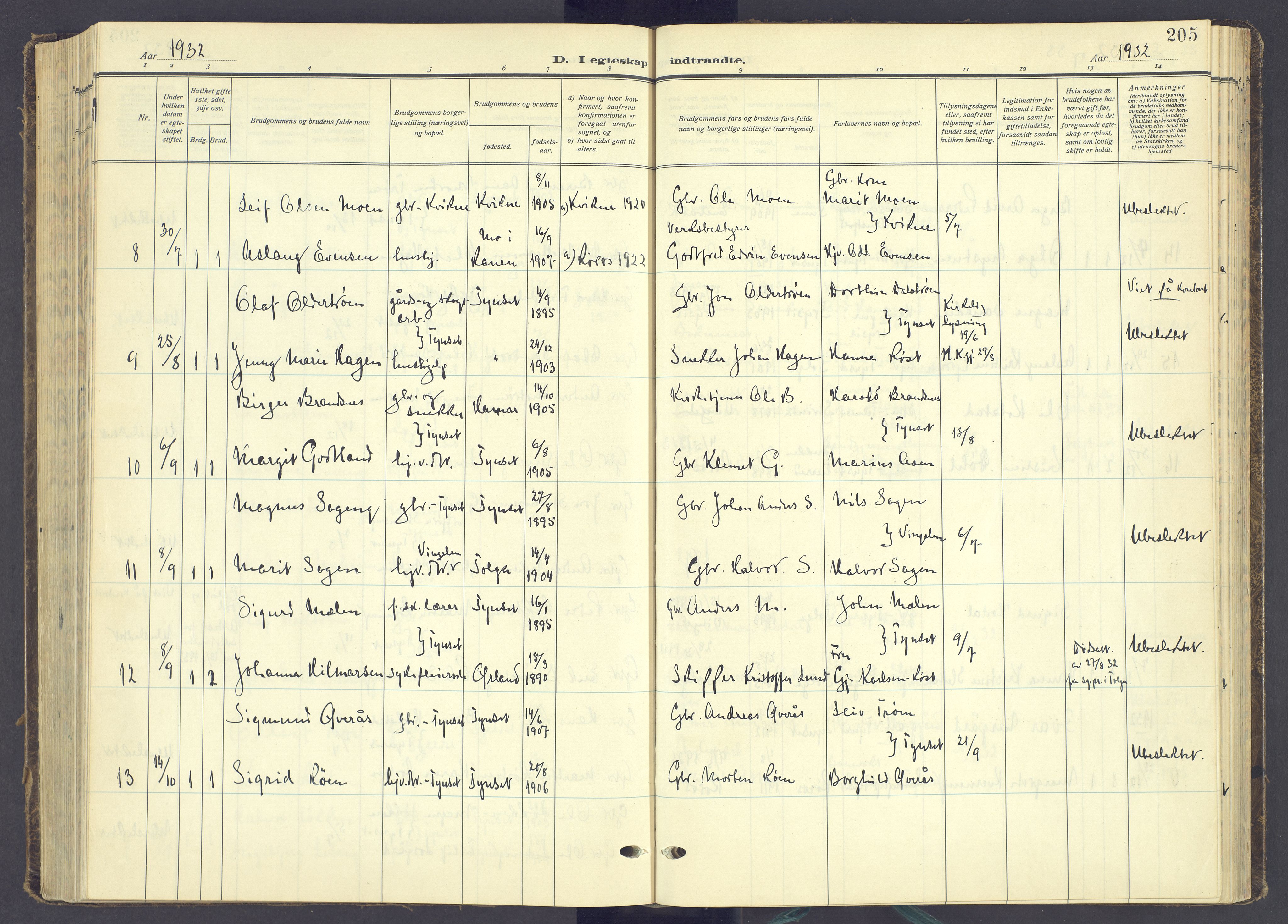 Tynset prestekontor, AV/SAH-PREST-058/H/Ha/Haa/L0027: Parish register (official) no. 27, 1930-1944, p. 205