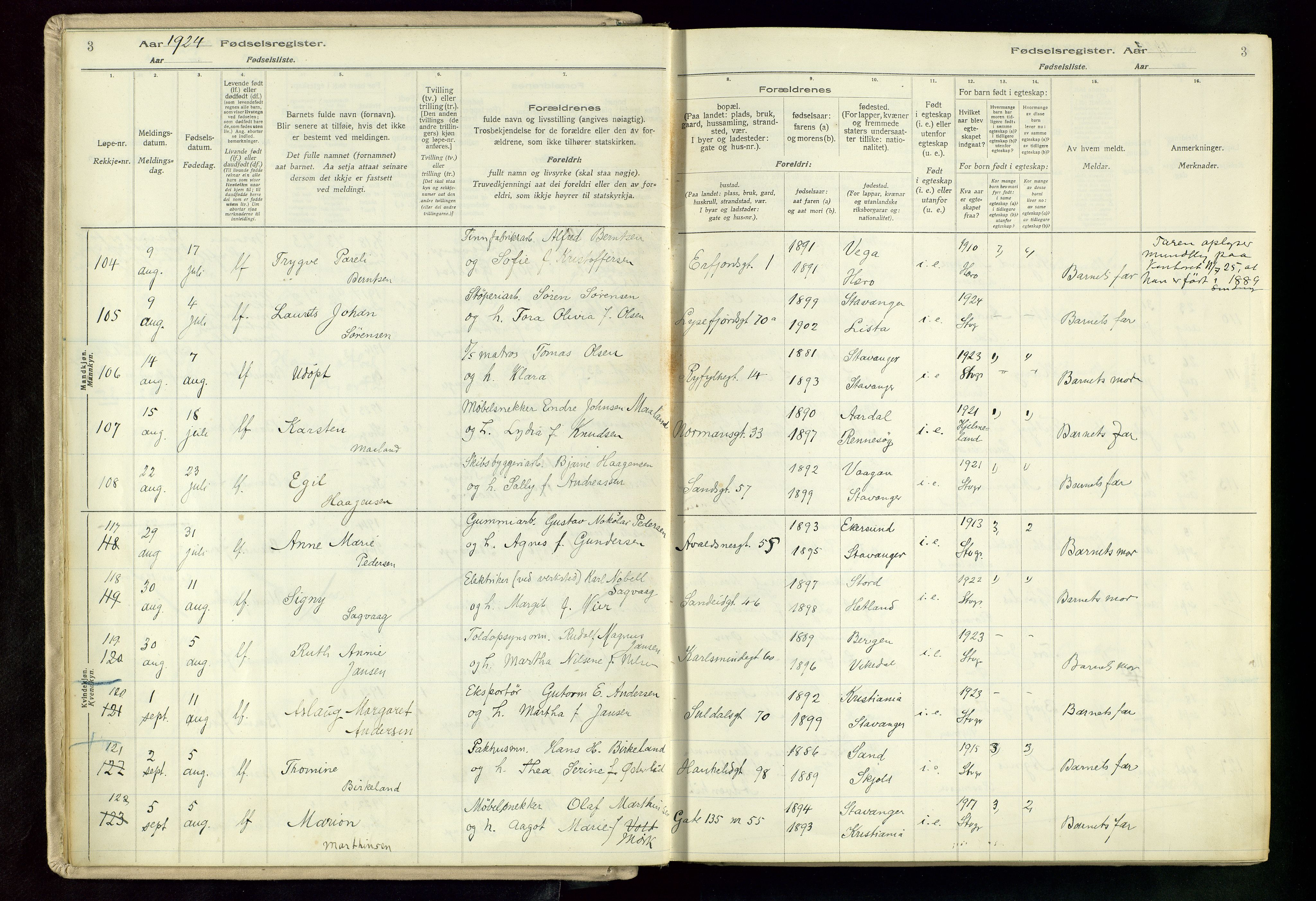 St. Johannes sokneprestkontor, SAST/A-101814/002/A/L0003: Birth register no. 3, 1924-1930, p. 3
