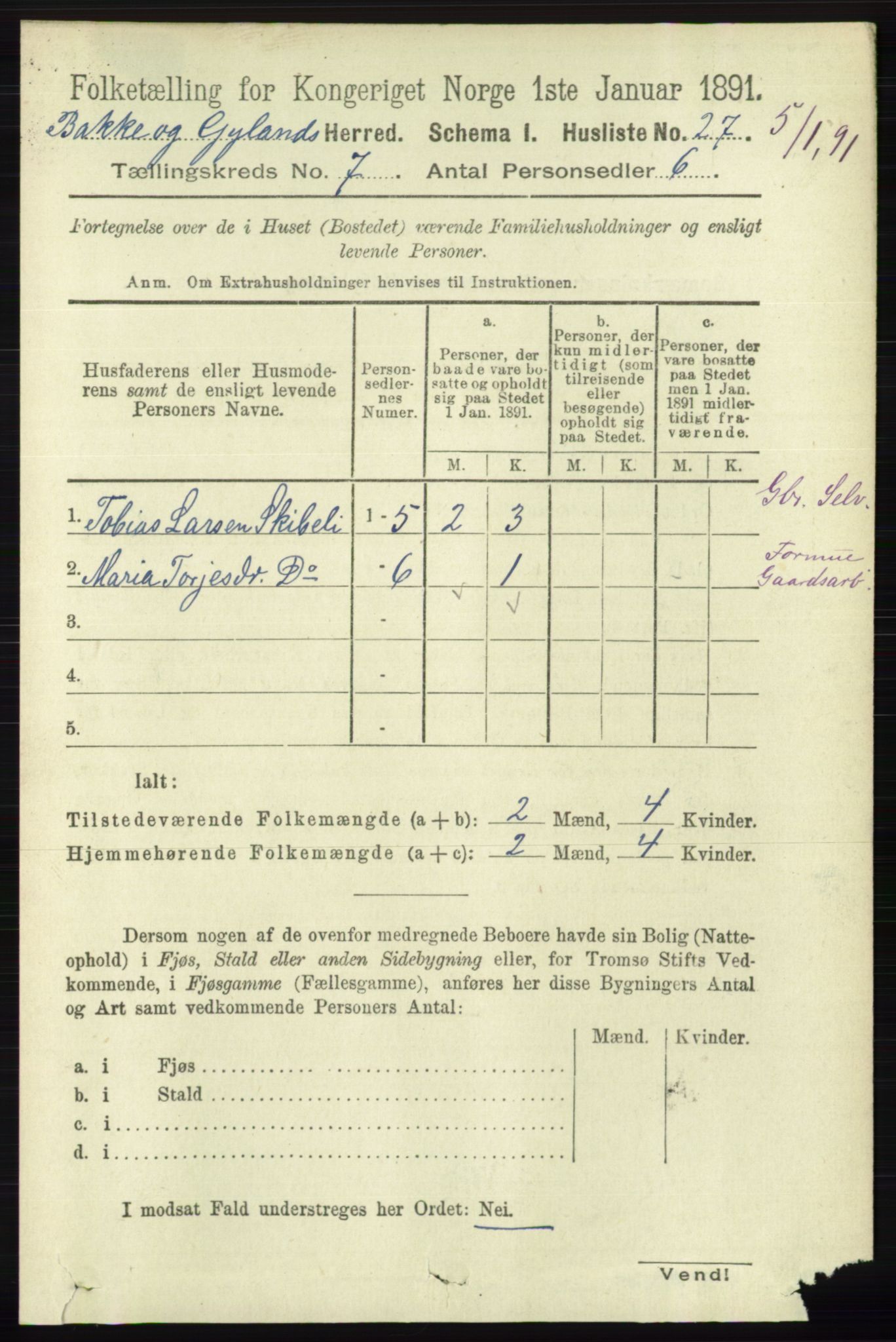 RA, 1891 census for 1045 Bakke, 1891, p. 1302