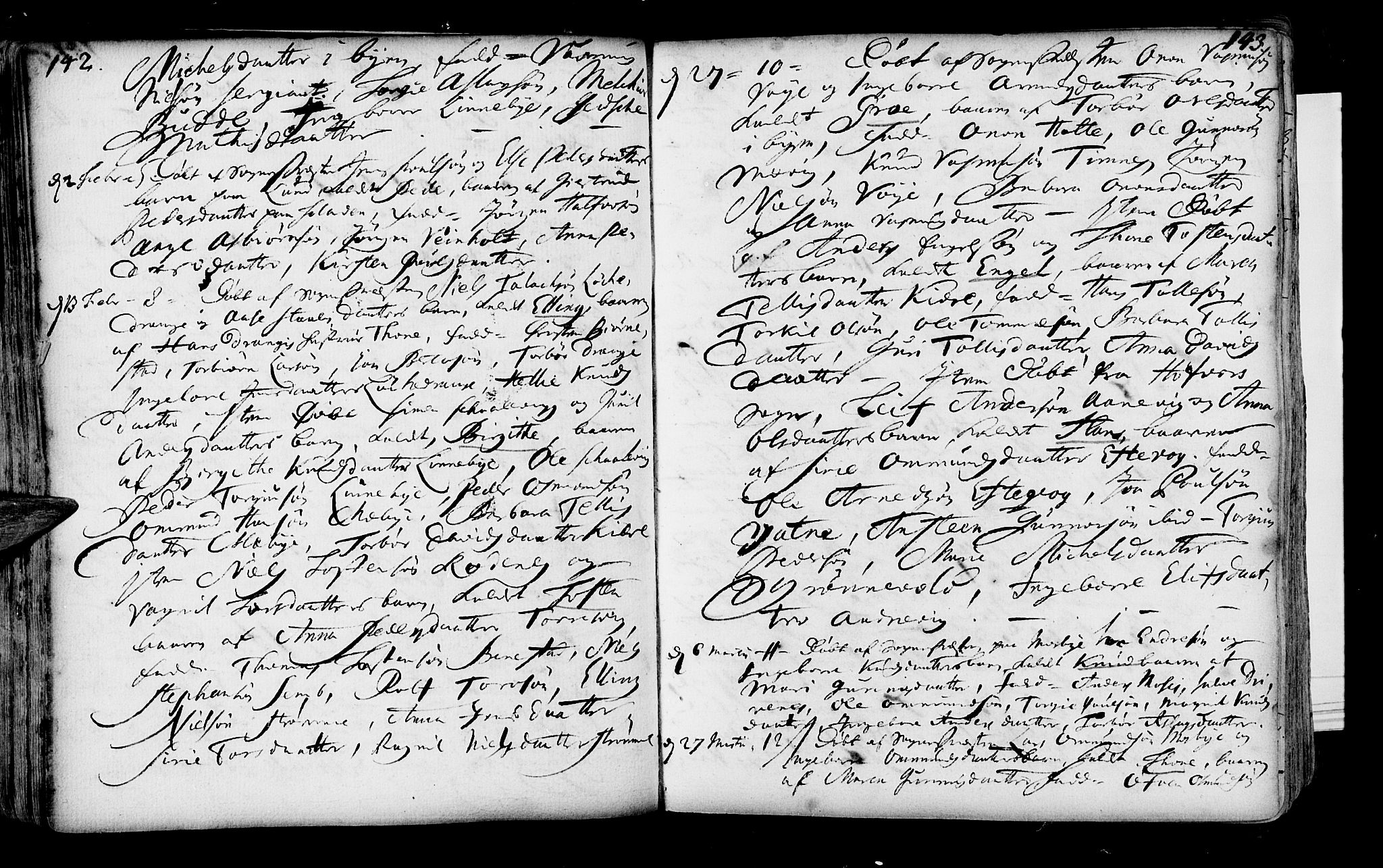 Oddernes sokneprestkontor, AV/SAK-1111-0033/F/Fa/Faa/L0001: Parish register (official) no. A 1, 1692-1718, p. 142-143