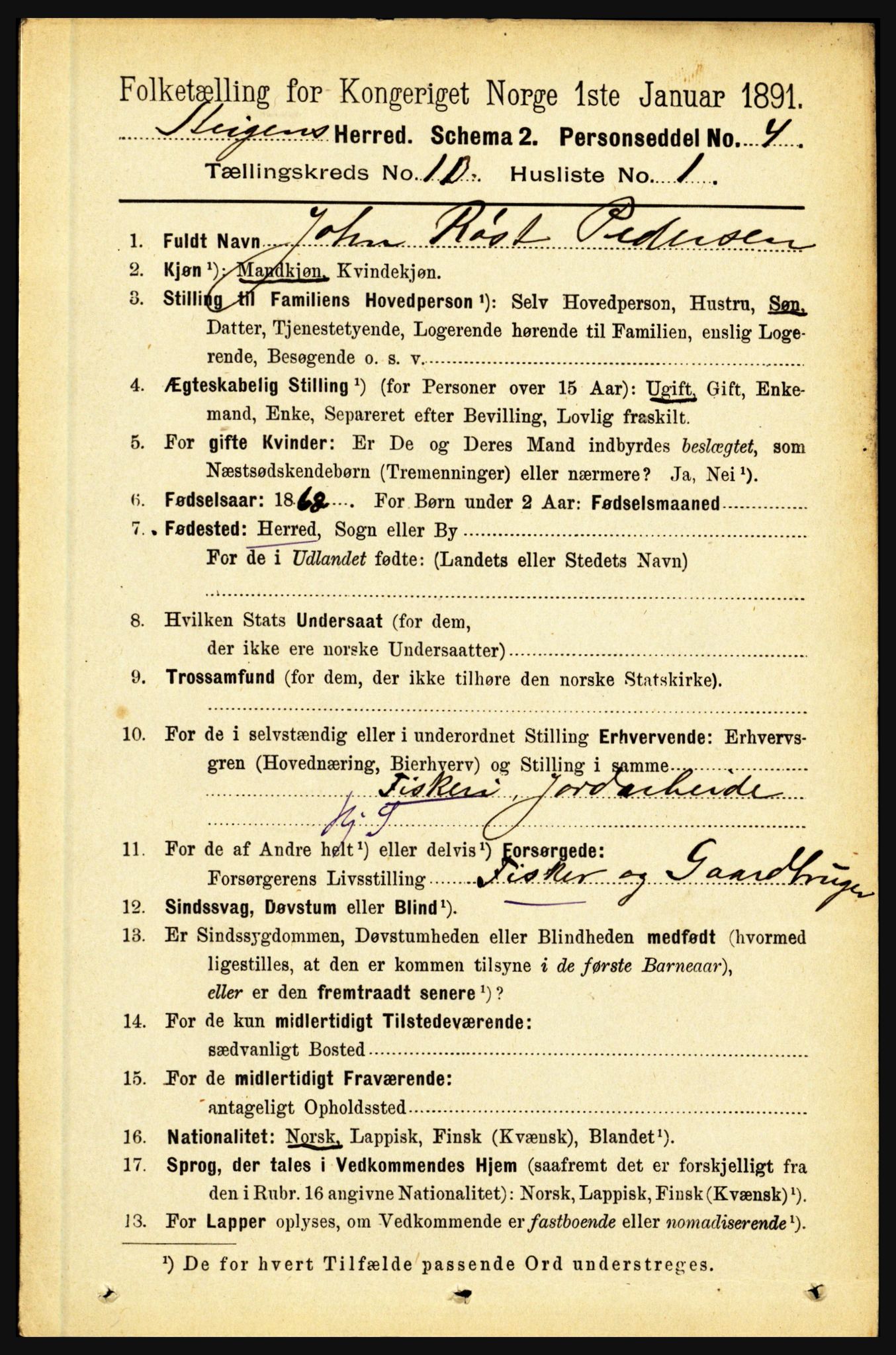 RA, 1891 census for 1848 Steigen, 1891, p. 3454