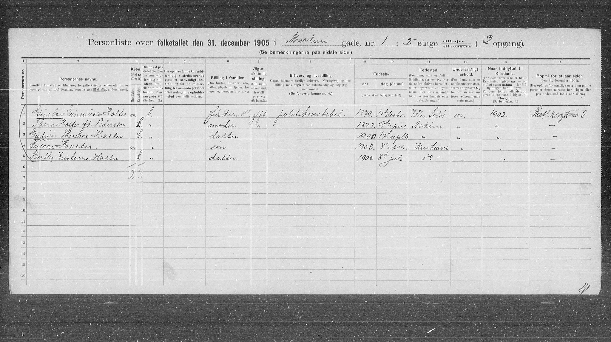 OBA, Municipal Census 1905 for Kristiania, 1905, p. 33074