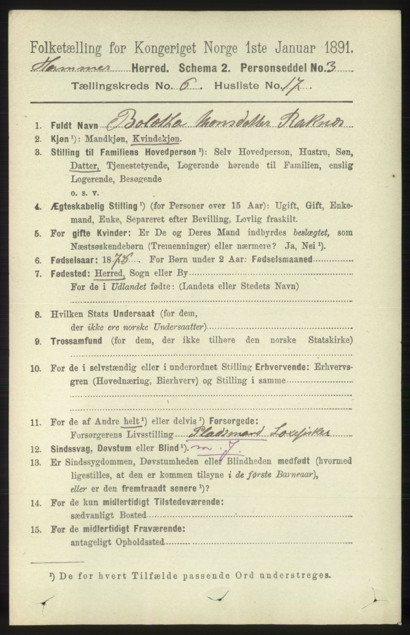 RA, 1891 census for 1254 Hamre, 1891, p. 1641