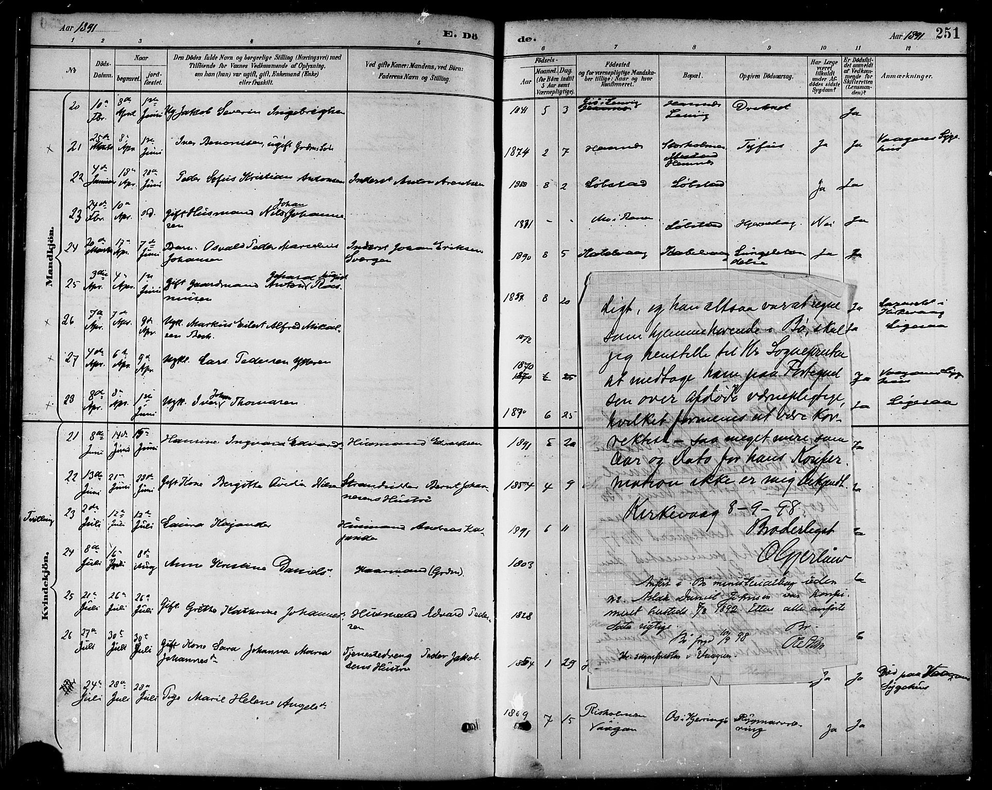 Ministerialprotokoller, klokkerbøker og fødselsregistre - Nordland, AV/SAT-A-1459/874/L1060: Parish register (official) no. 874A04, 1890-1899, p. 251