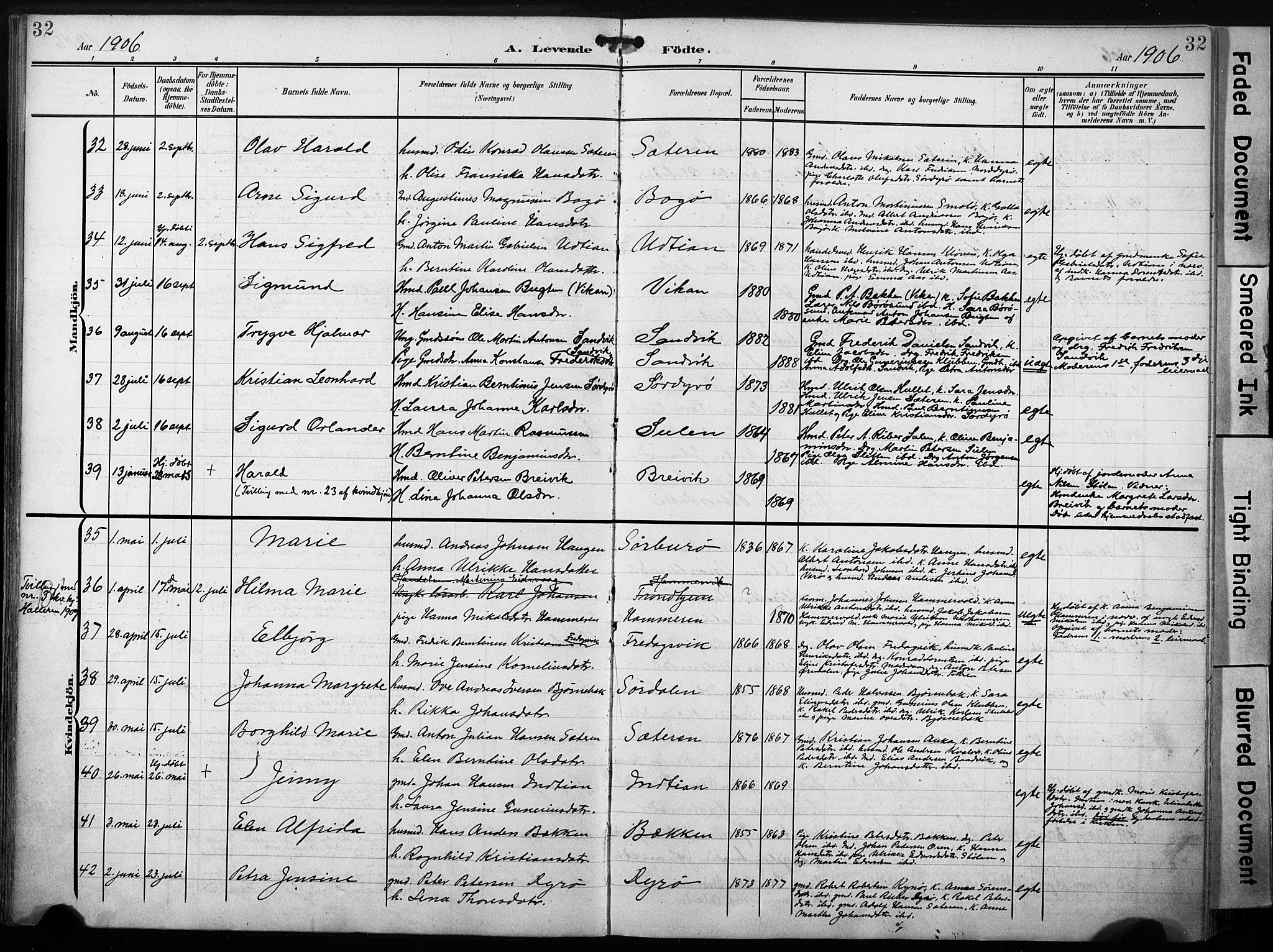 Ministerialprotokoller, klokkerbøker og fødselsregistre - Sør-Trøndelag, AV/SAT-A-1456/640/L0580: Parish register (official) no. 640A05, 1902-1910, p. 32