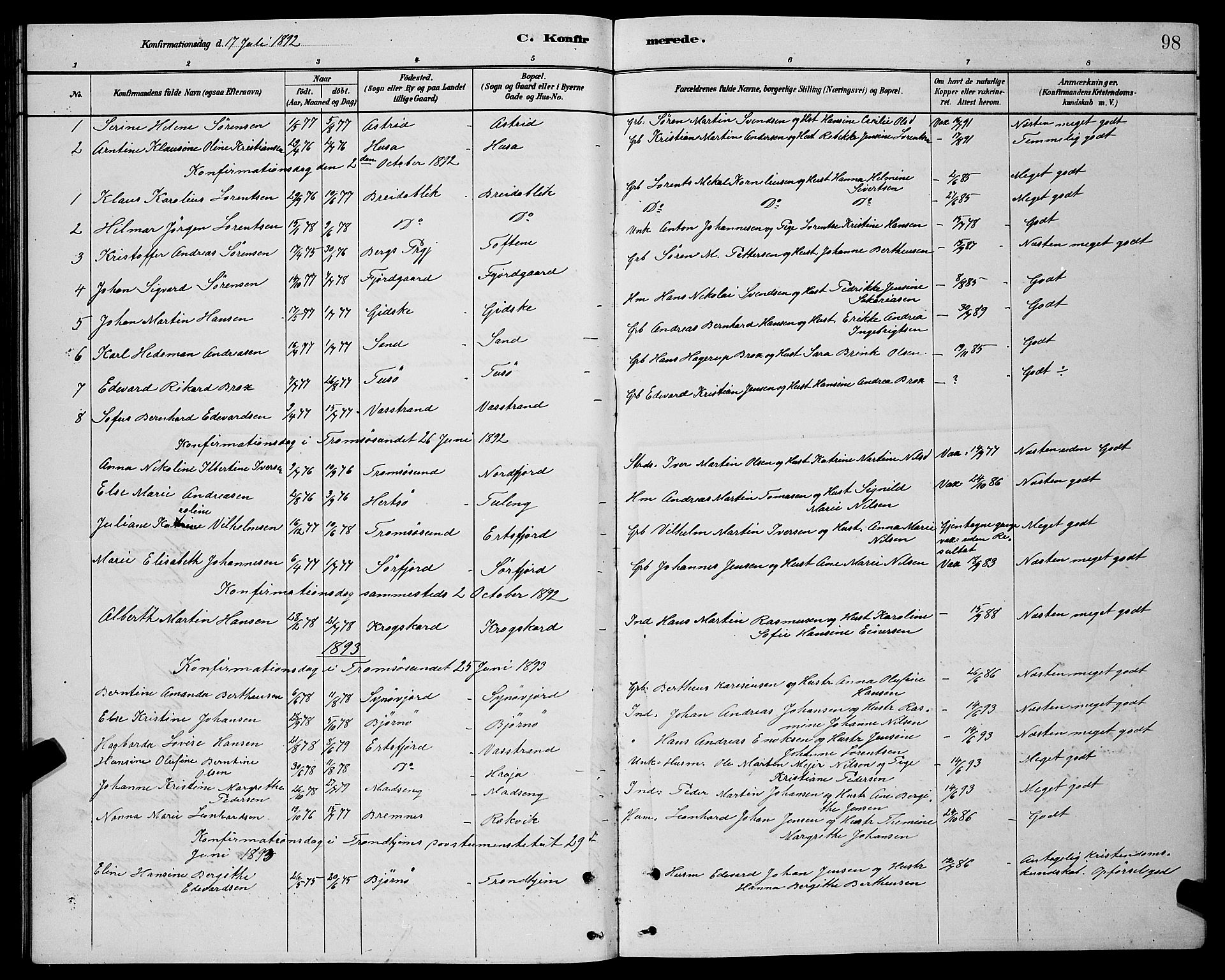Lenvik sokneprestembete, SATØ/S-1310/H/Ha/Hab/L0021klokker: Parish register (copy) no. 21, 1884-1900, p. 98