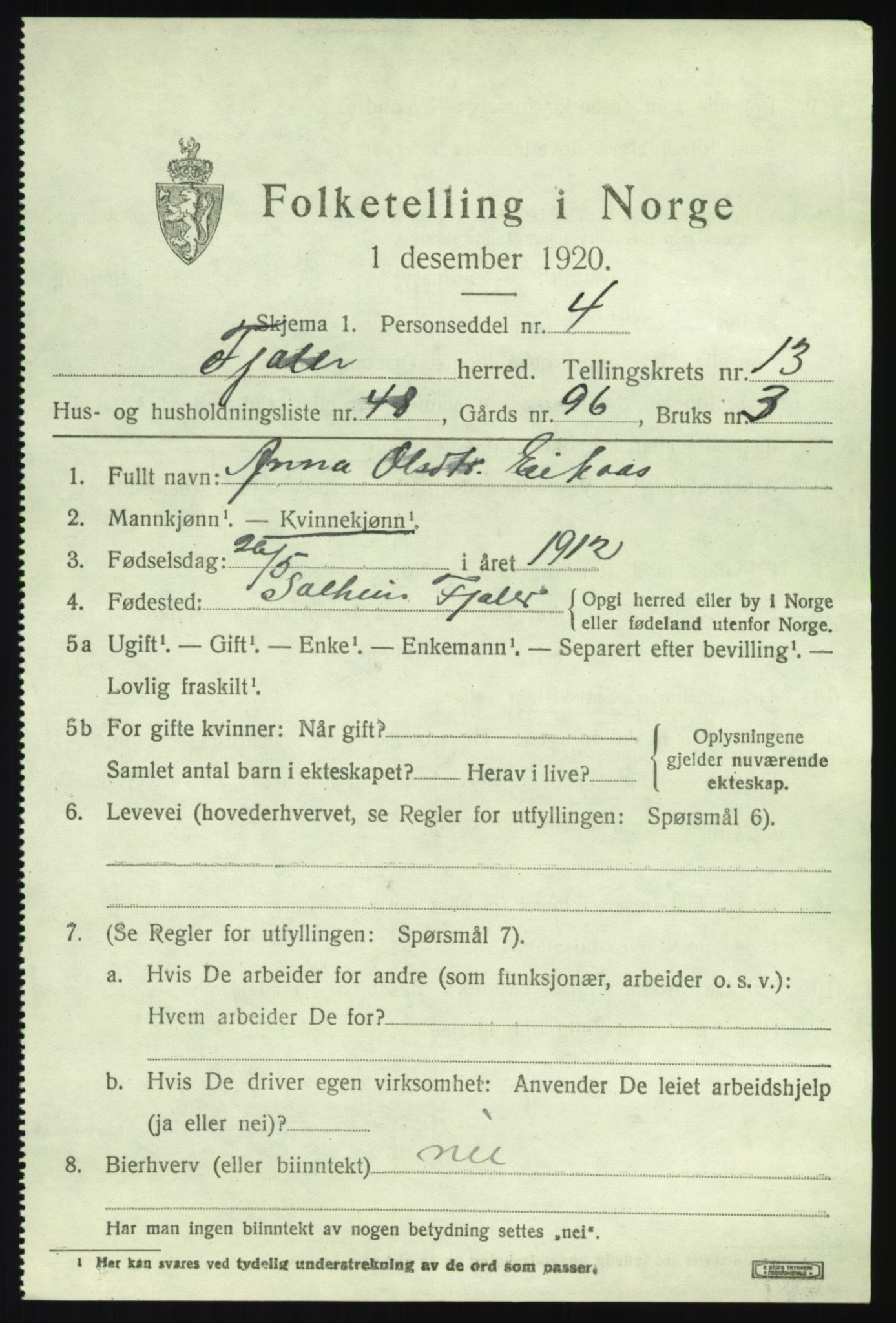 SAB, 1920 census for Fjaler, 1920, p. 7801