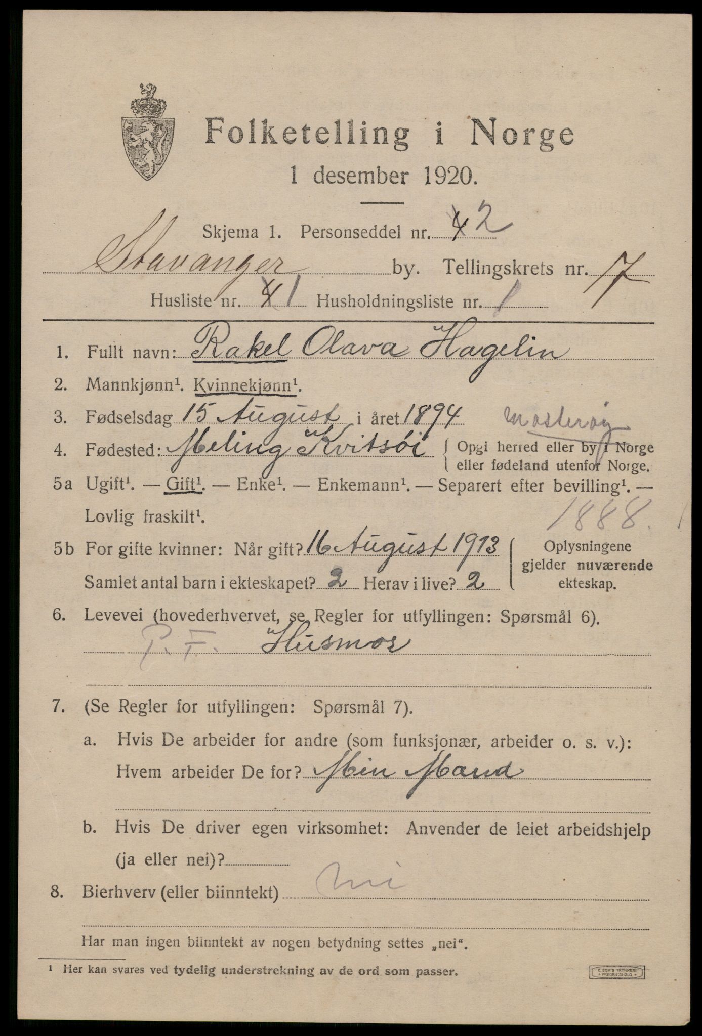 SAST, 1920 census for Stavanger, 1920, p. 65224