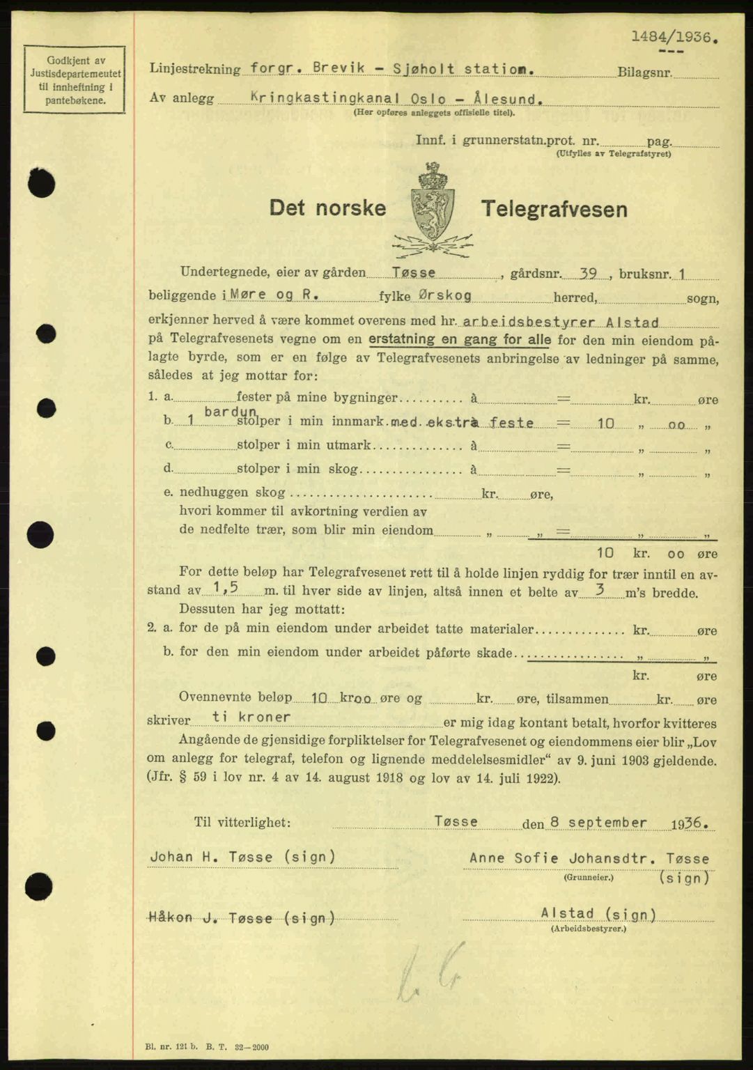 Nordre Sunnmøre sorenskriveri, AV/SAT-A-0006/1/2/2C/2Ca: Mortgage book no. A2, 1936-1937, Diary no: : 1484/1936