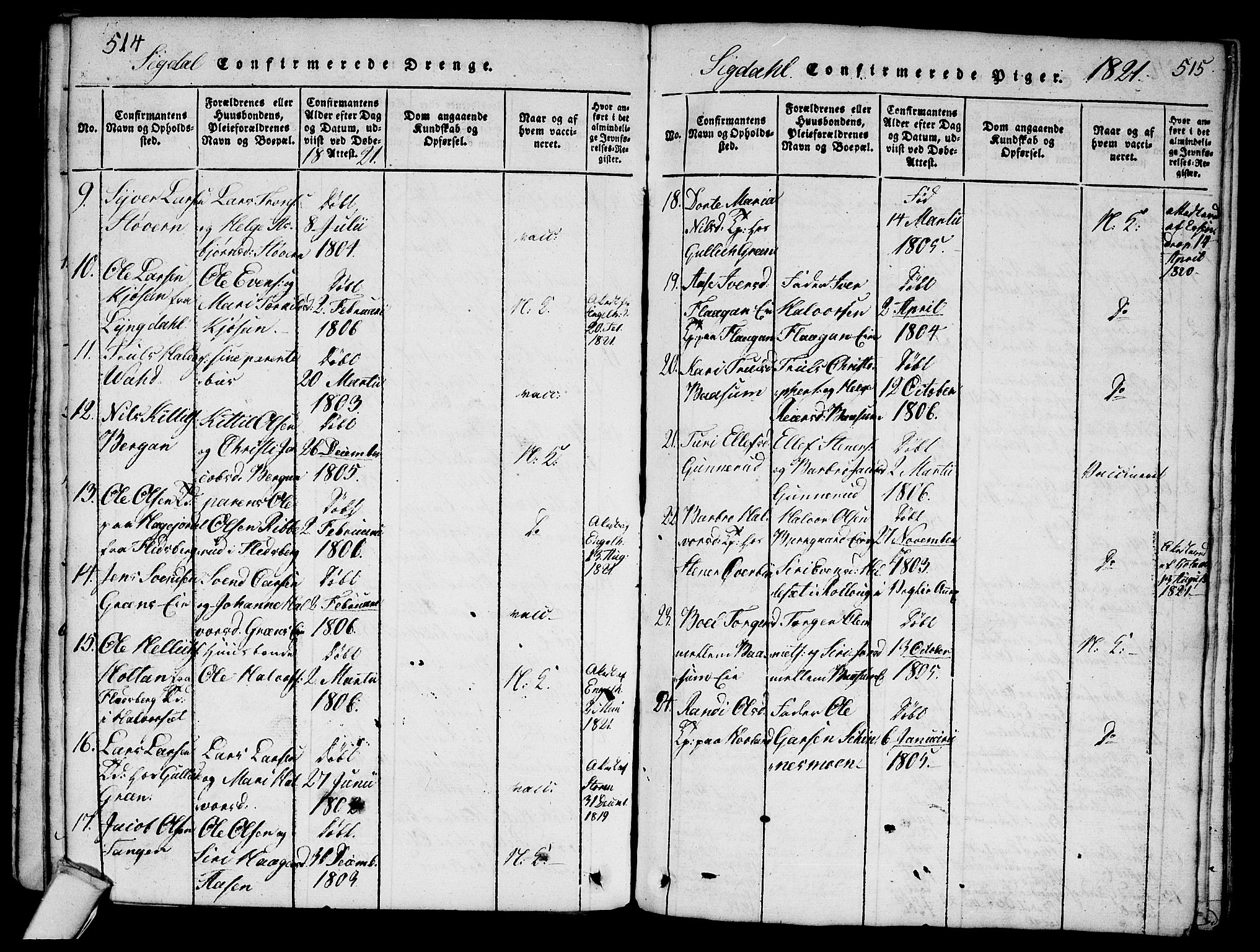 Sigdal kirkebøker, AV/SAKO-A-245/G/Ga/L0001: Parish register (copy) no. I 1 /1, 1816-1835, p. 514-515