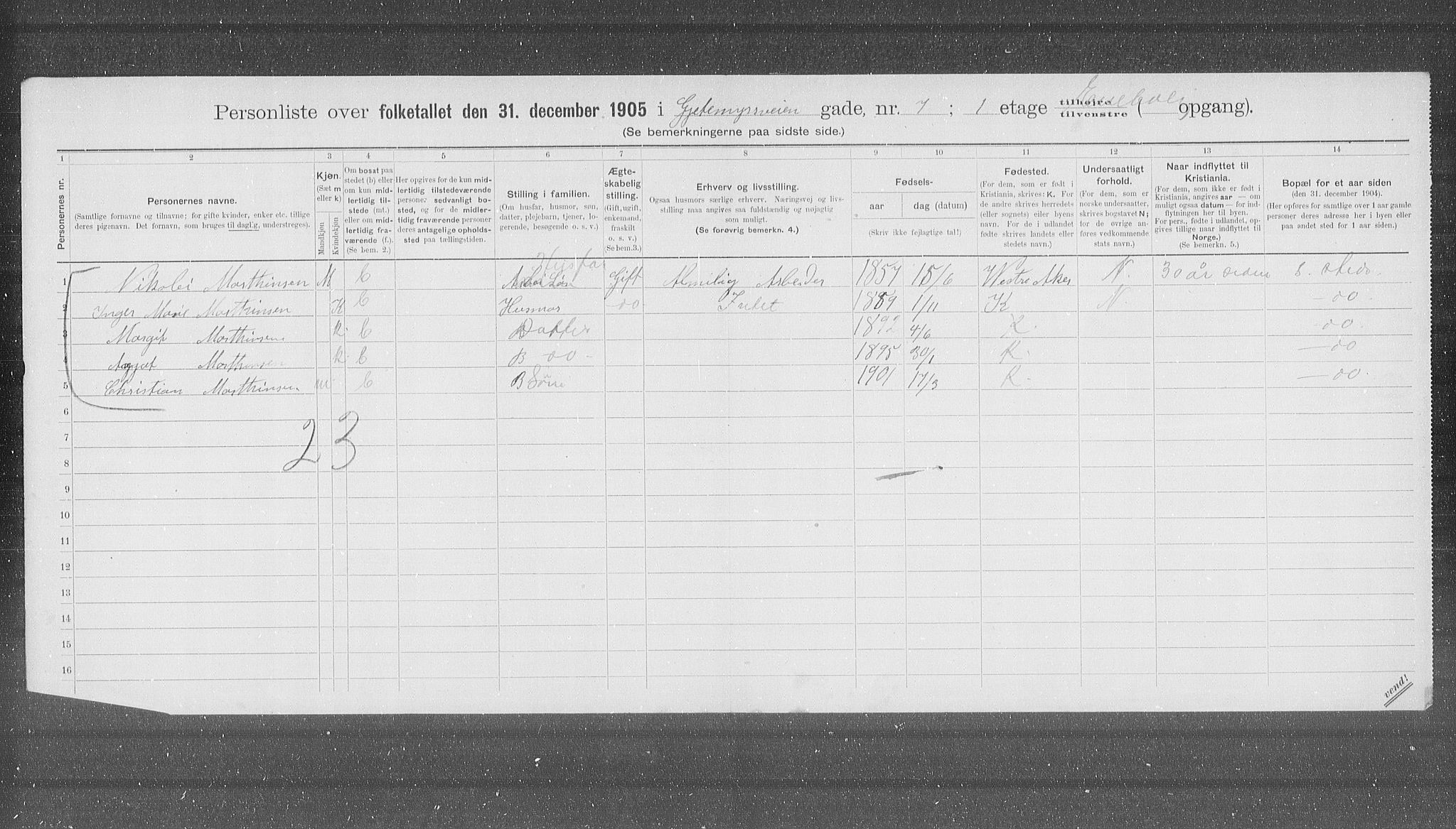 OBA, Municipal Census 1905 for Kristiania, 1905, p. 15080