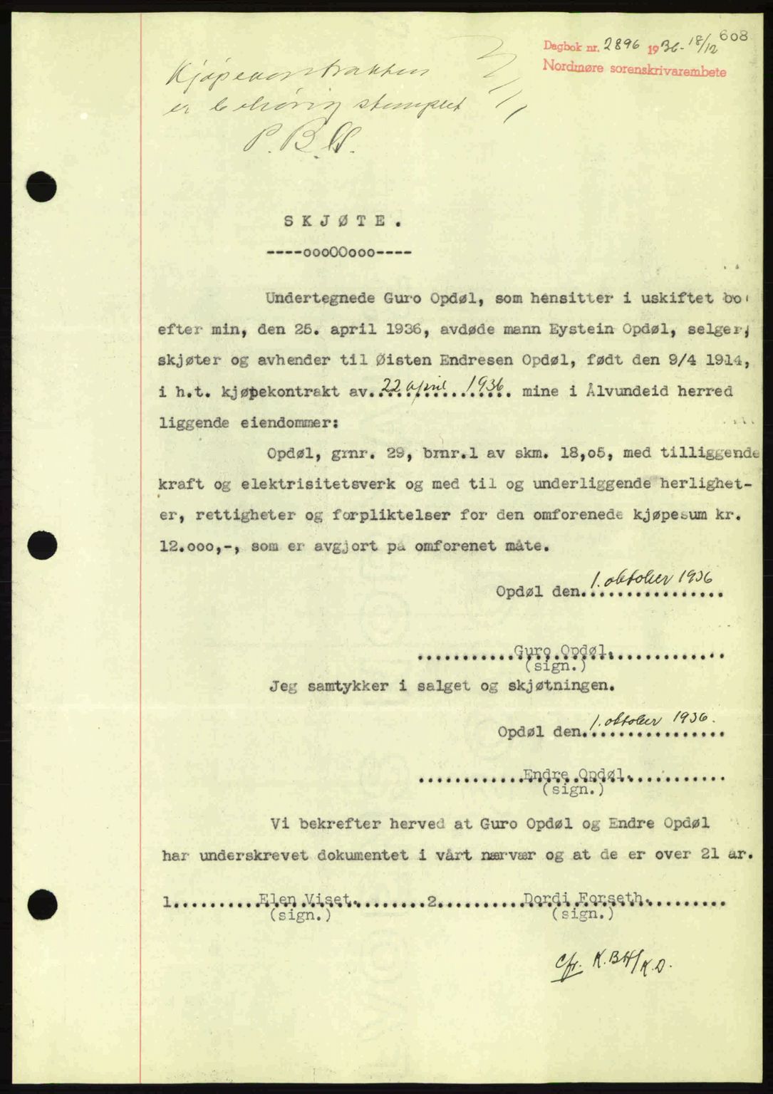 Nordmøre sorenskriveri, AV/SAT-A-4132/1/2/2Ca: Mortgage book no. A80, 1936-1937, Diary no: : 2896/1936