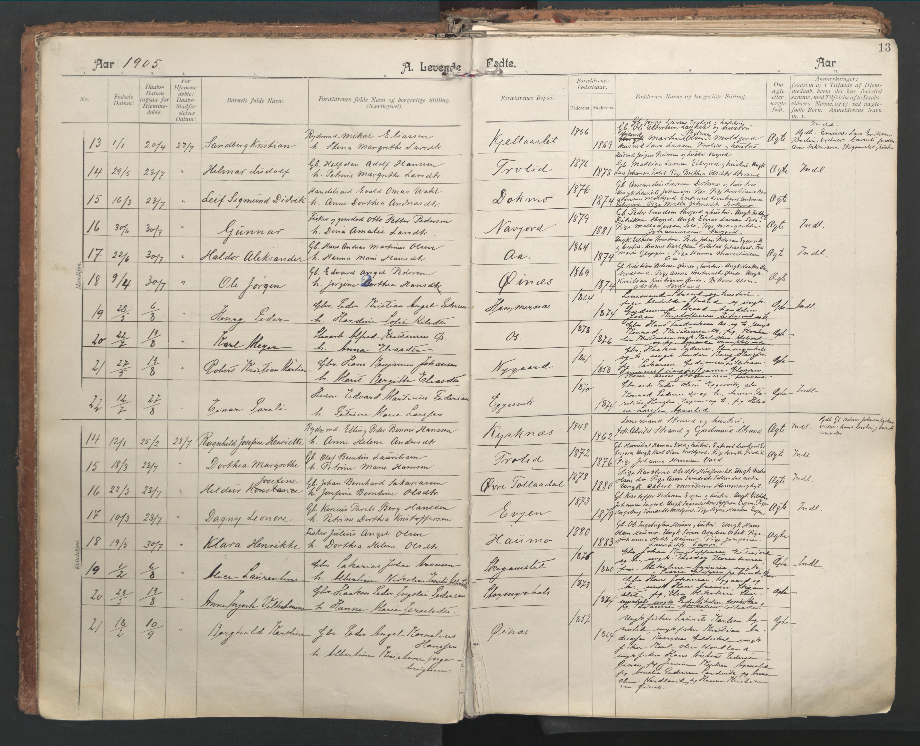 Ministerialprotokoller, klokkerbøker og fødselsregistre - Nordland, AV/SAT-A-1459/846/L0647: Parish register (official) no. 846A05, 1902-1915, p. 13