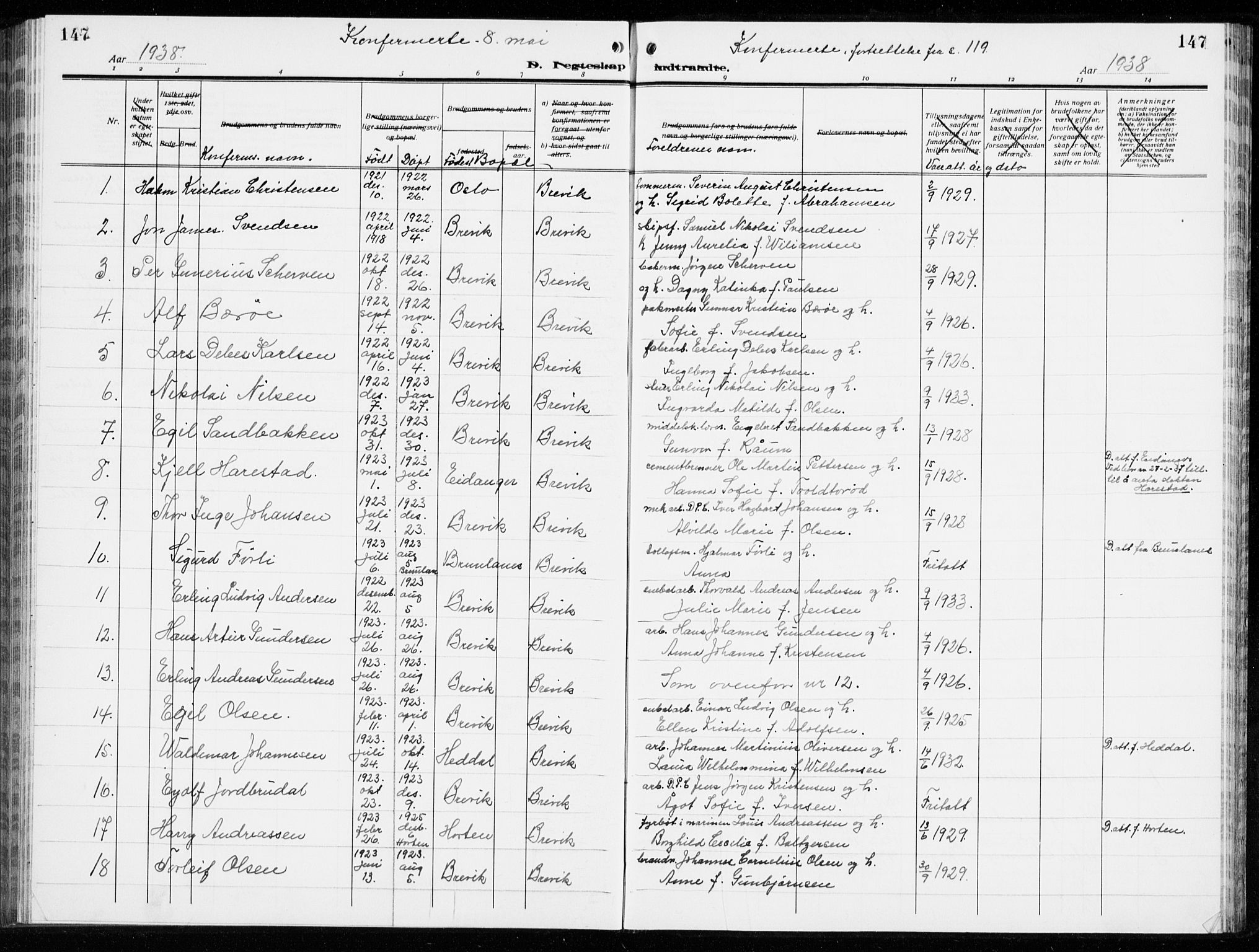 Brevik kirkebøker, AV/SAKO-A-255/G/Ga/L0006: Parish register (copy) no. 6, 1922-1940, p. 147