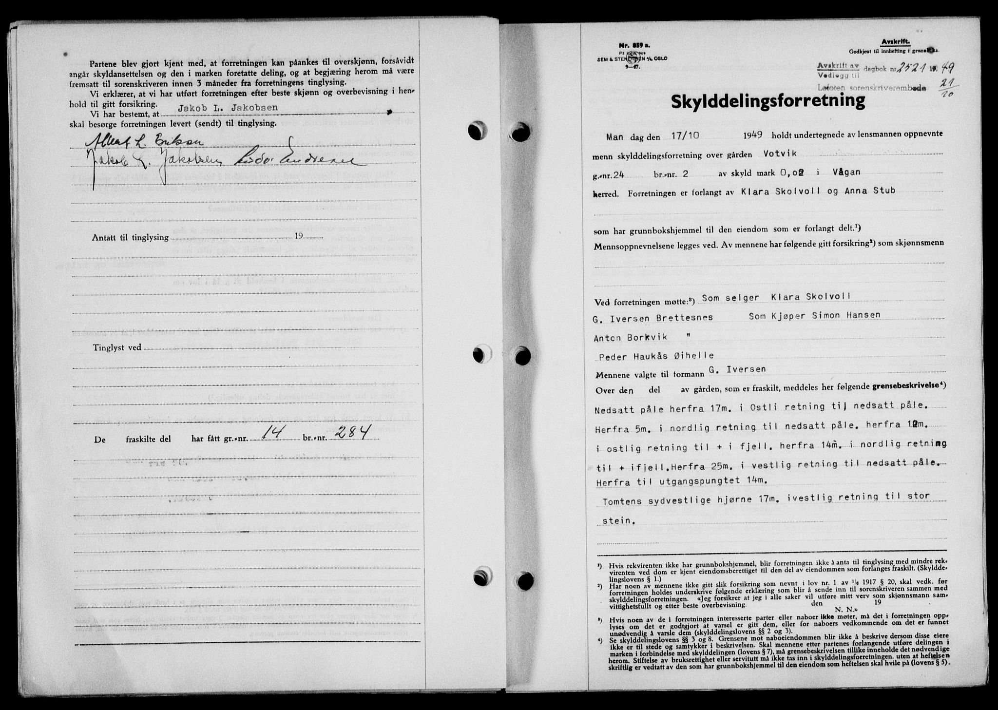 Lofoten sorenskriveri, SAT/A-0017/1/2/2C/L0022a: Mortgage book no. 22a, 1949-1950, Diary no: : 2521/1949