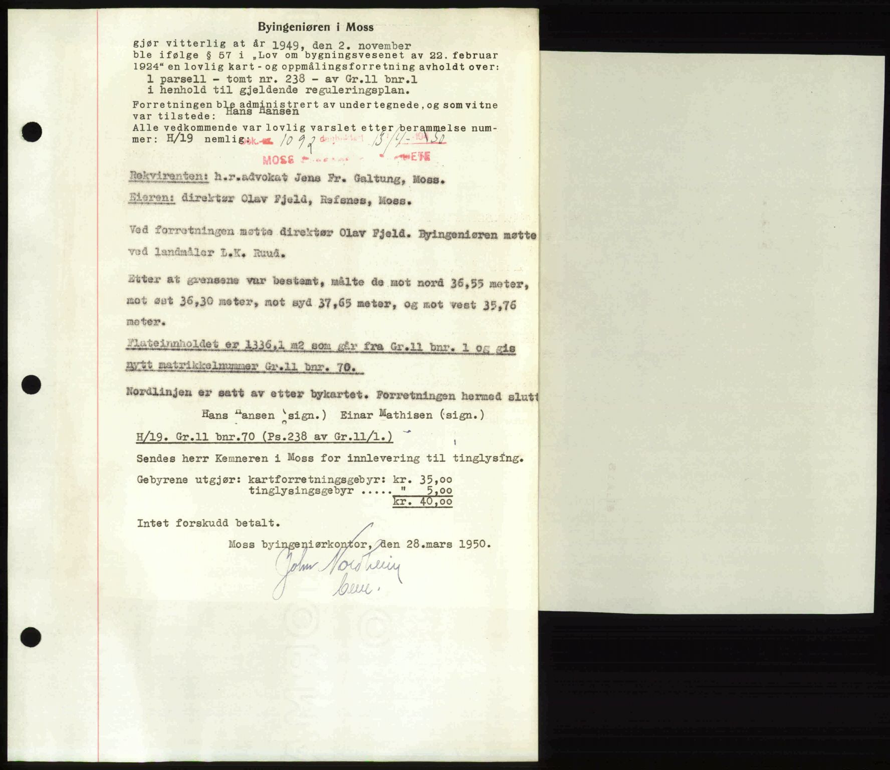 Moss sorenskriveri, SAO/A-10168: Mortgage book no. A25, 1950-1950, Diary no: : 1092/1950
