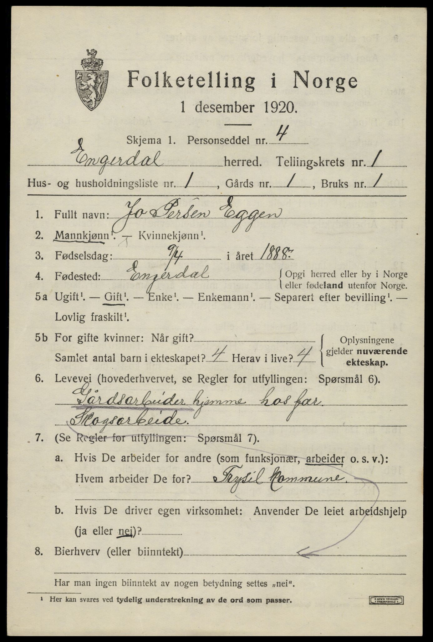 SAH, 1920 census for Engerdal, 1920, p. 487