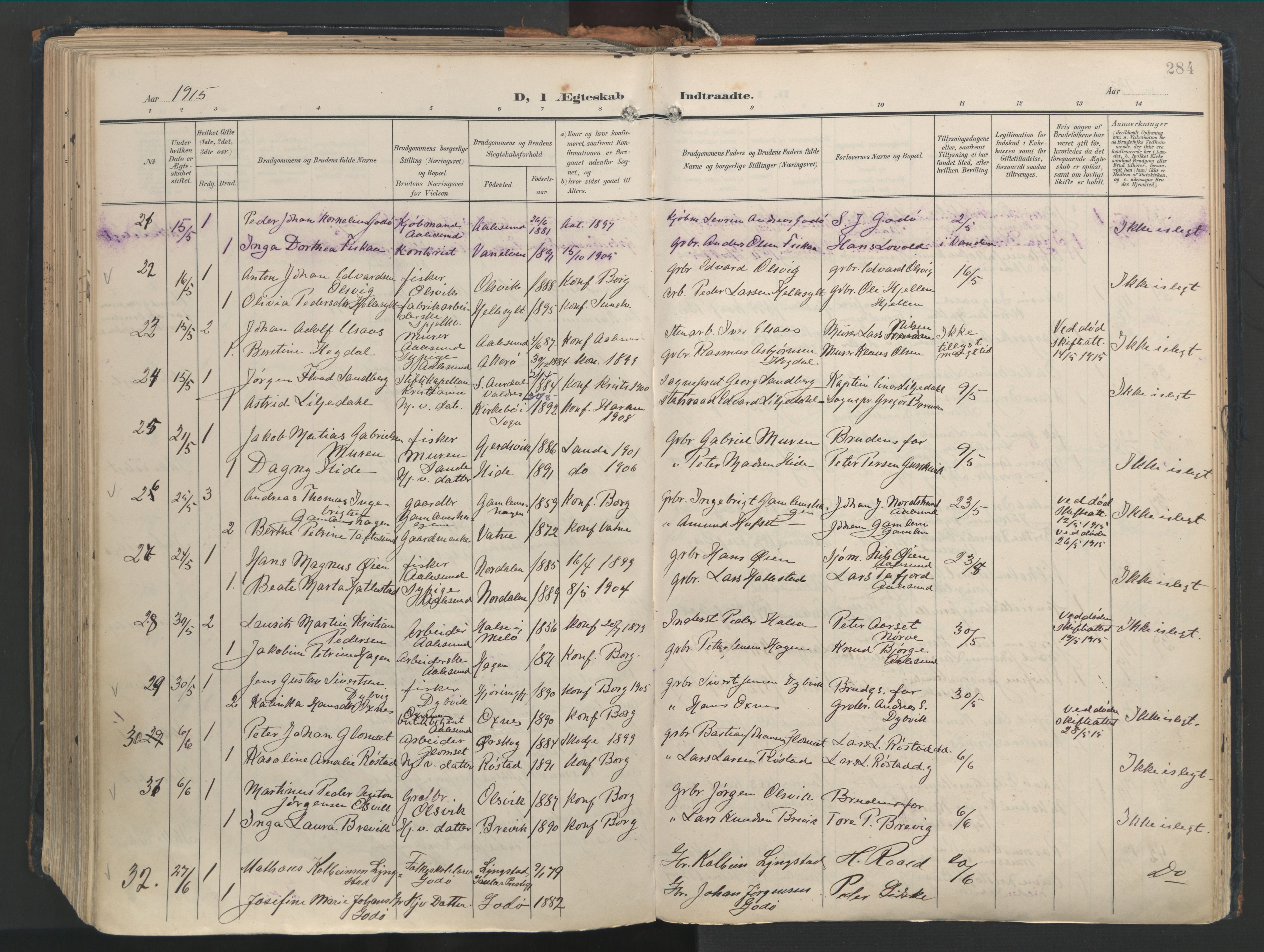 Ministerialprotokoller, klokkerbøker og fødselsregistre - Møre og Romsdal, AV/SAT-A-1454/528/L0411: Parish register (official) no. 528A20, 1907-1920, p. 284