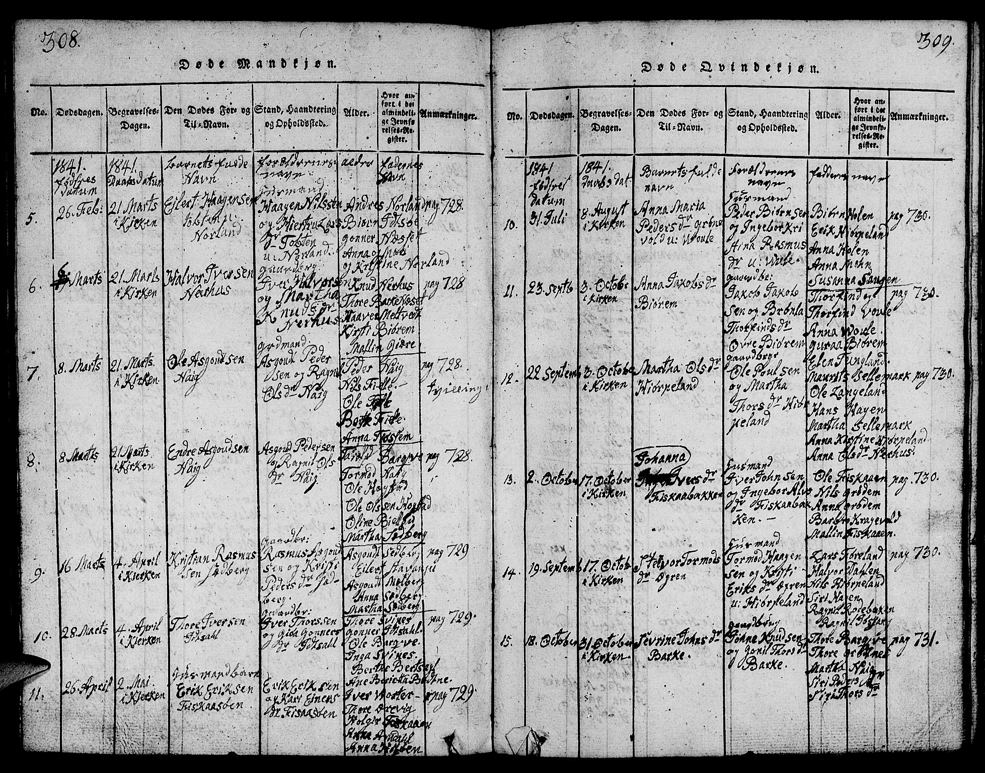 Strand sokneprestkontor, AV/SAST-A-101828/H/Ha/Hab/L0001: Parish register (copy) no. B 1, 1816-1854, p. 308-309