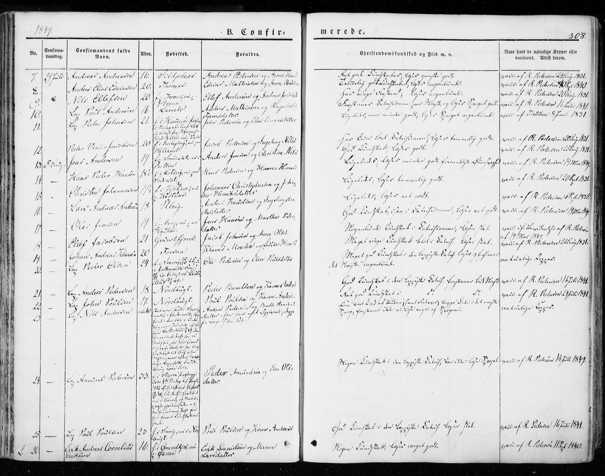 Ministerialprotokoller, klokkerbøker og fødselsregistre - Nordland, AV/SAT-A-1459/872/L1033: Parish register (official) no. 872A08, 1840-1863, p. 308