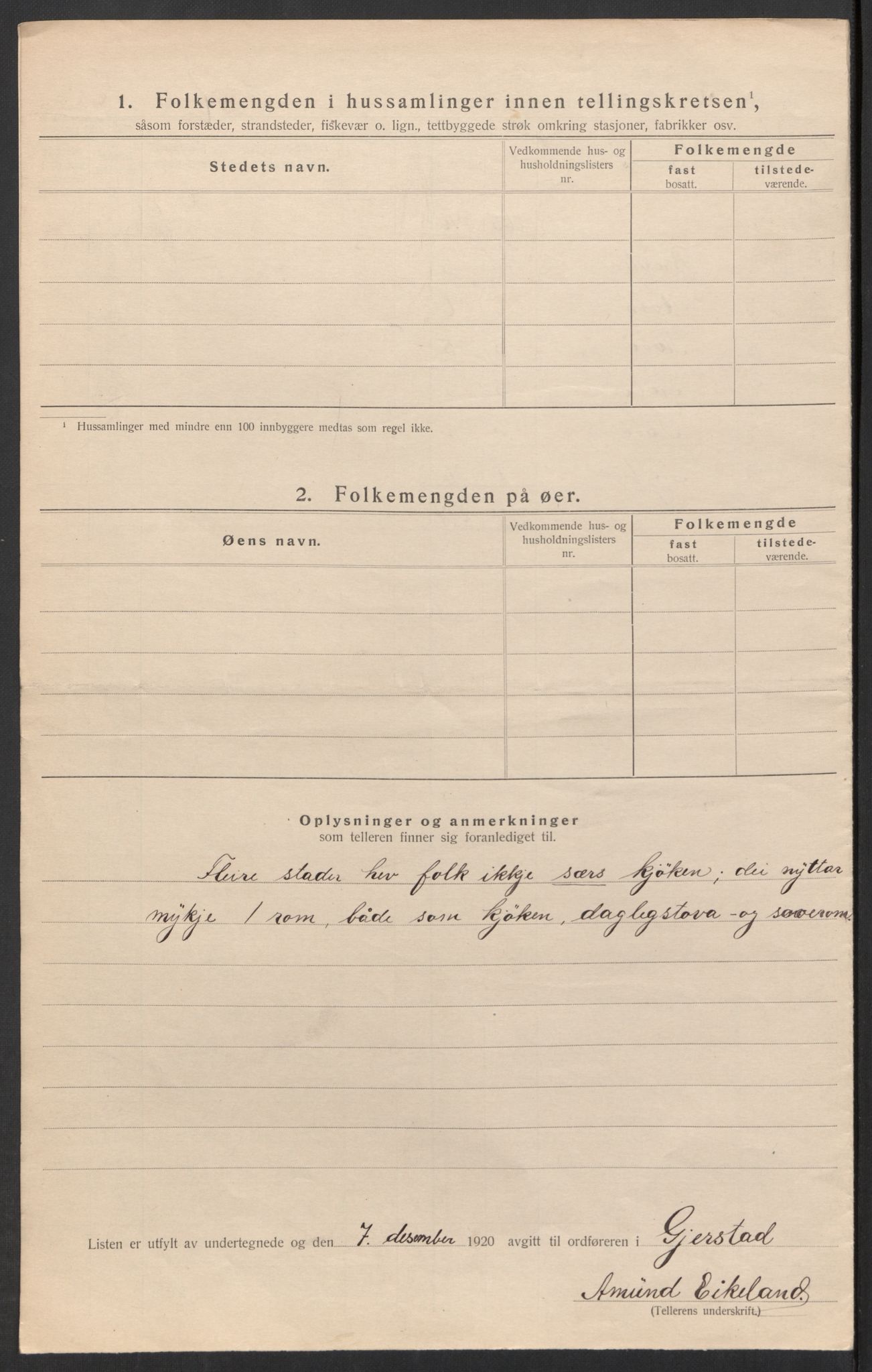 SAK, 1920 census for Gjerstad, 1920, p. 11