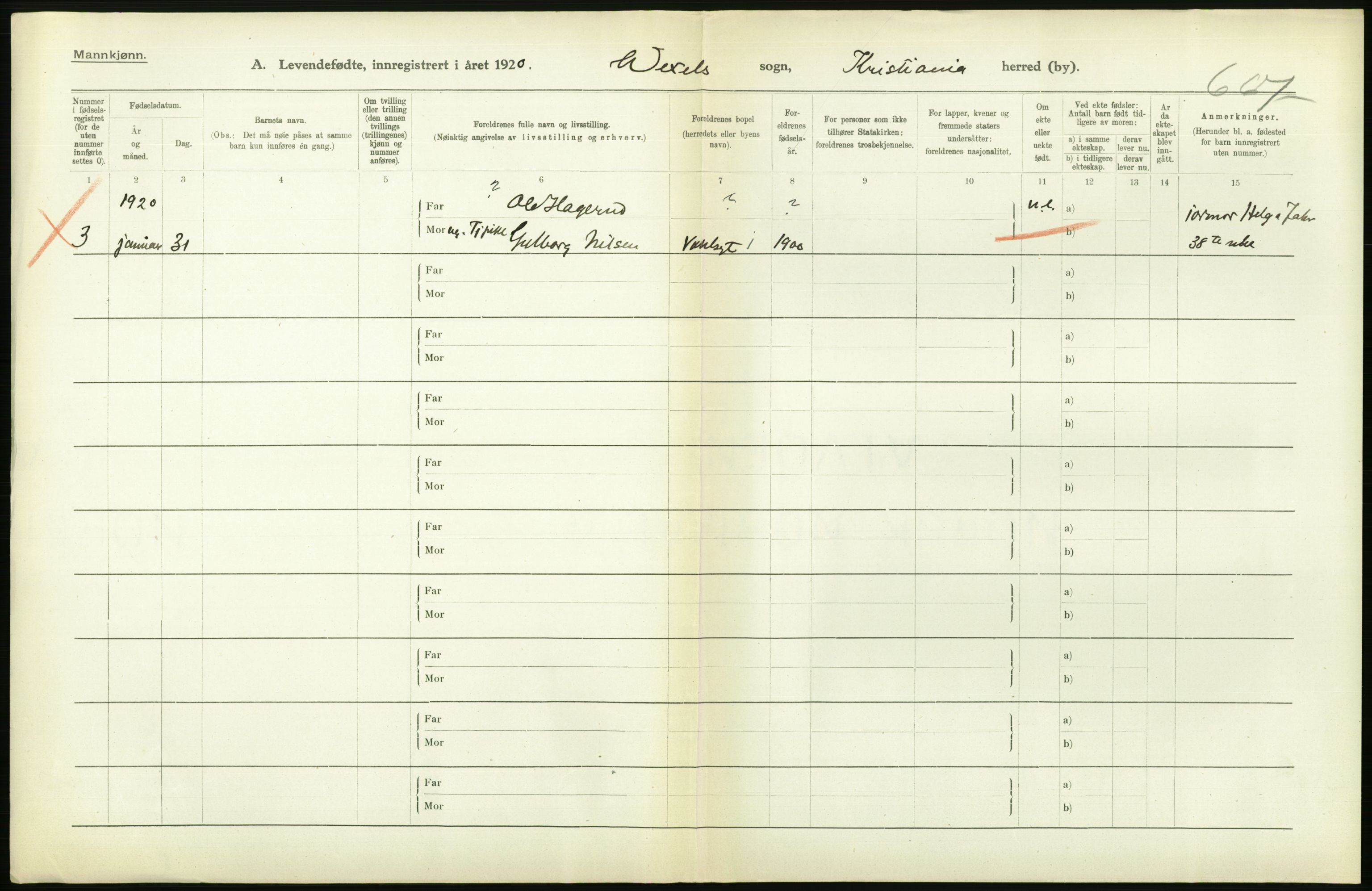 Statistisk sentralbyrå, Sosiodemografiske emner, Befolkning, AV/RA-S-2228/D/Df/Dfb/Dfbj/L0008: Kristiania: Levendefødte menn og kvinner., 1920, p. 284