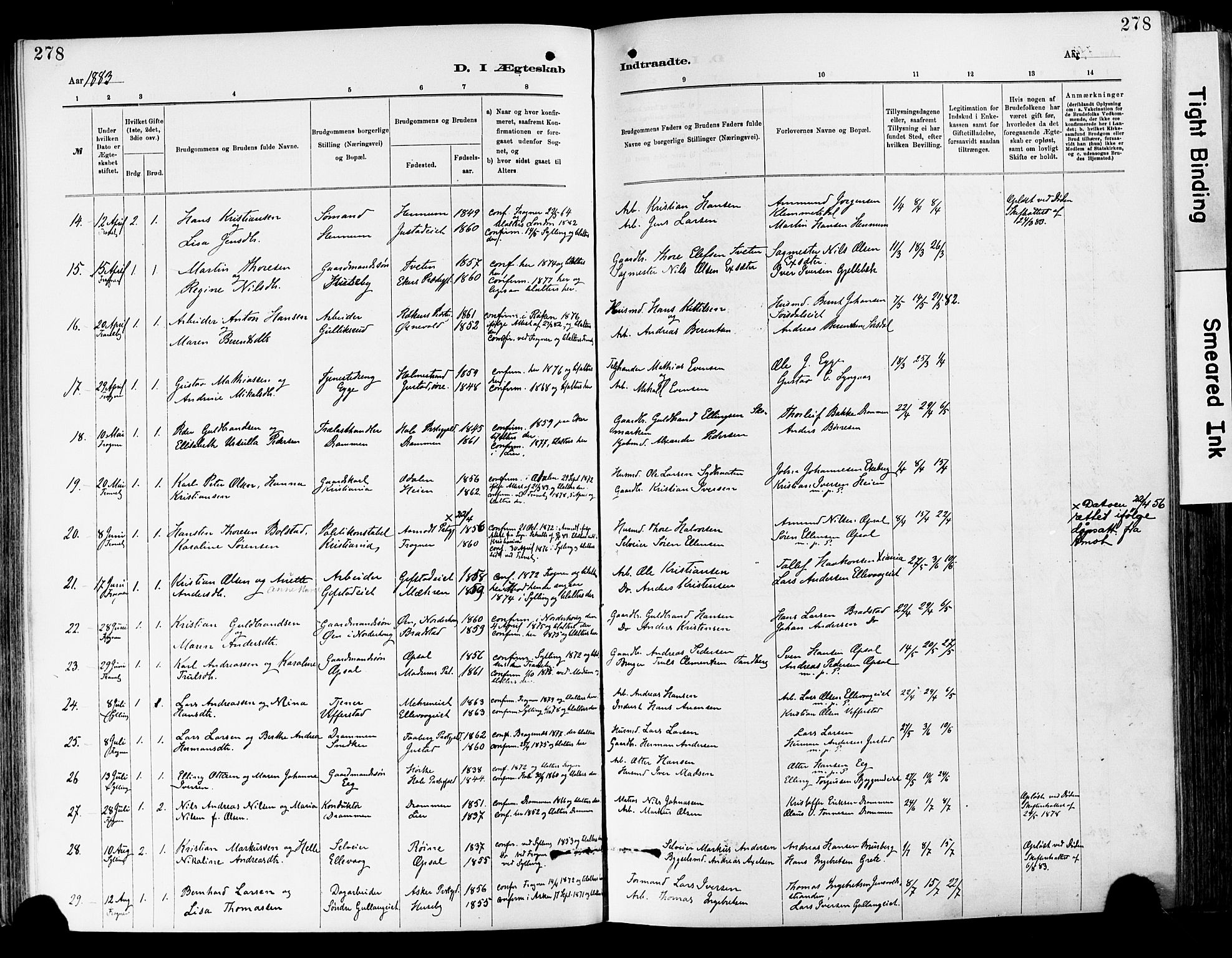 Lier kirkebøker, SAKO/A-230/F/Fa/L0015: Parish register (official) no. I 15, 1883-1894, p. 278