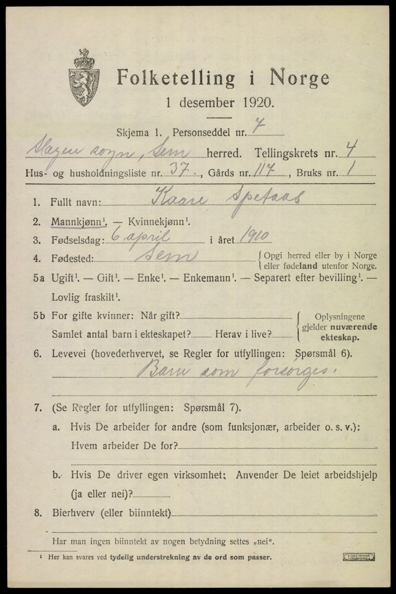SAKO, 1920 census for Sem, 1920, p. 7483