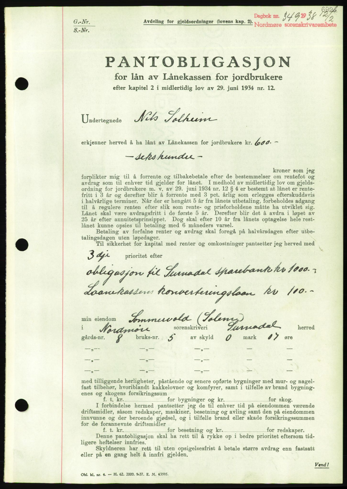 Nordmøre sorenskriveri, AV/SAT-A-4132/1/2/2Ca/L0092: Mortgage book no. B82, 1937-1938, Diary no: : 349/1938