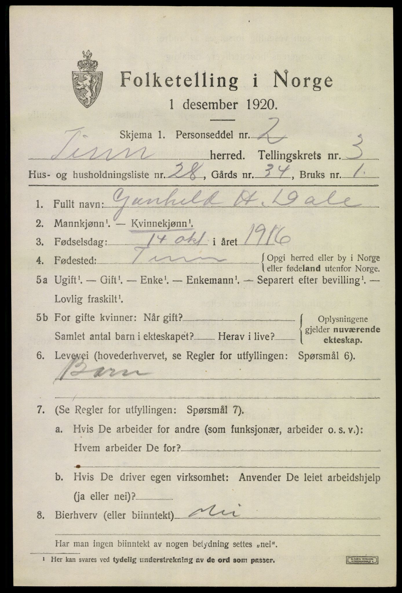 SAKO, 1920 census for Tinn, 1920, p. 3580