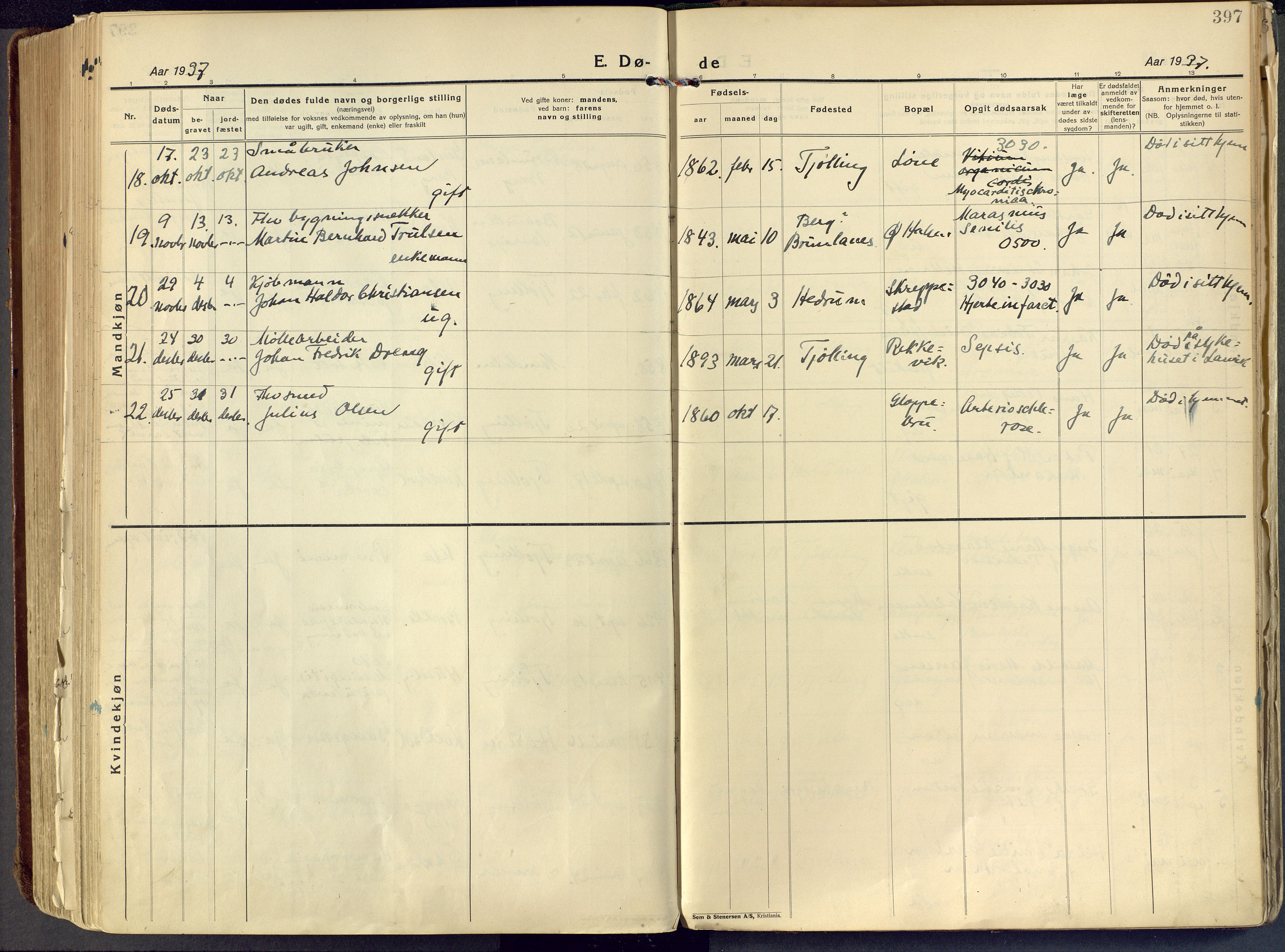 Tjølling kirkebøker, AV/SAKO-A-60/F/Fa/L0011: Parish register (official) no. 11, 1924-1943, p. 397