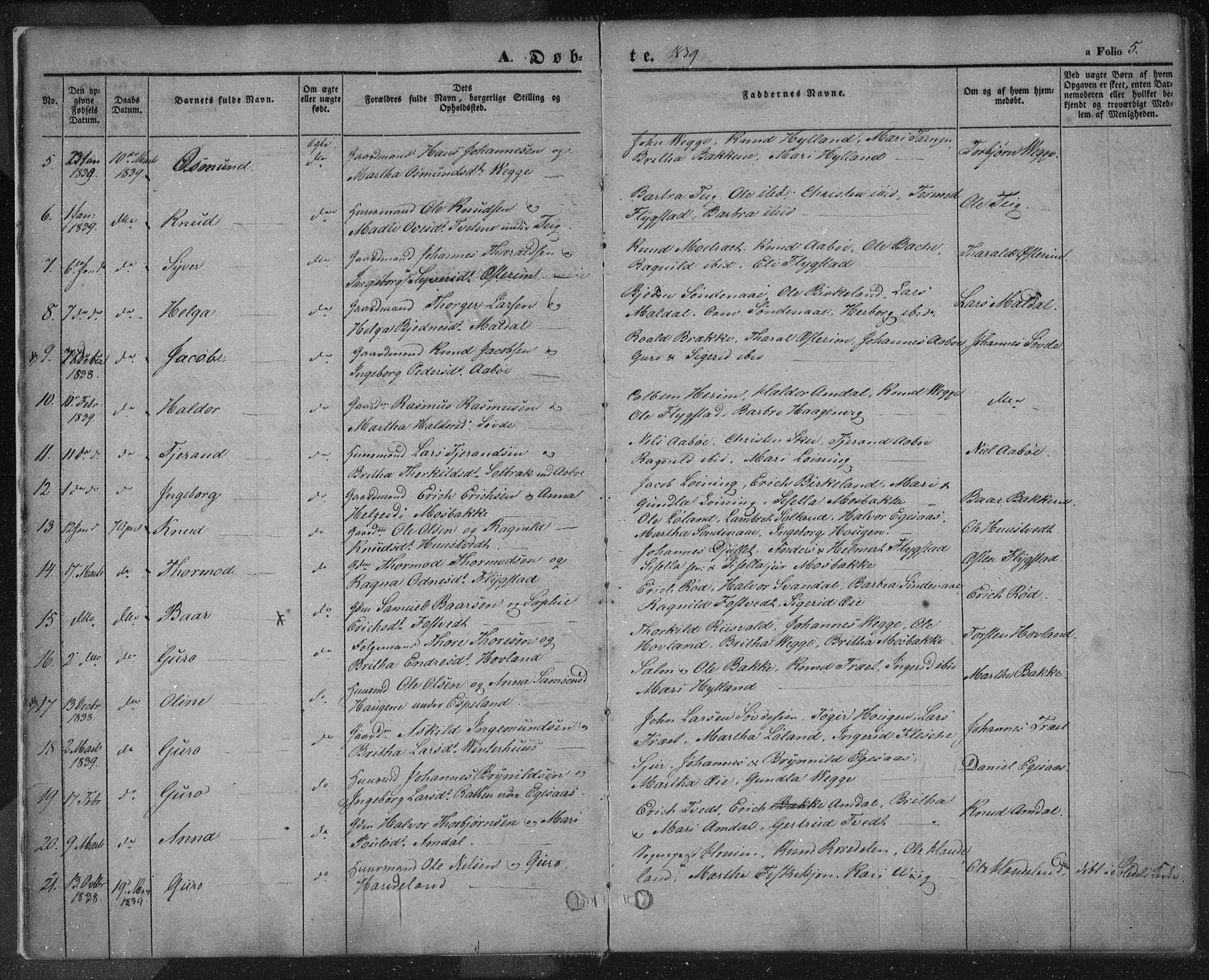 Sand sokneprestkontor, SAST/A-101848/01/III/L0002: Parish register (official) no. A 2, 1838-1859, p. 5