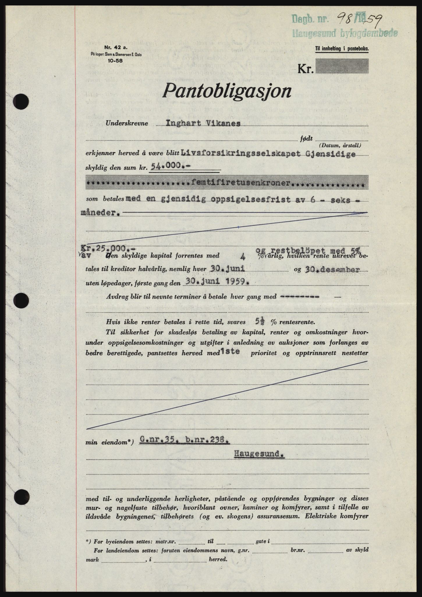 Haugesund tingrett, SAST/A-101415/01/II/IIC/L0044: Mortgage book no. B 44, 1958-1959, Diary no: : 98/1959