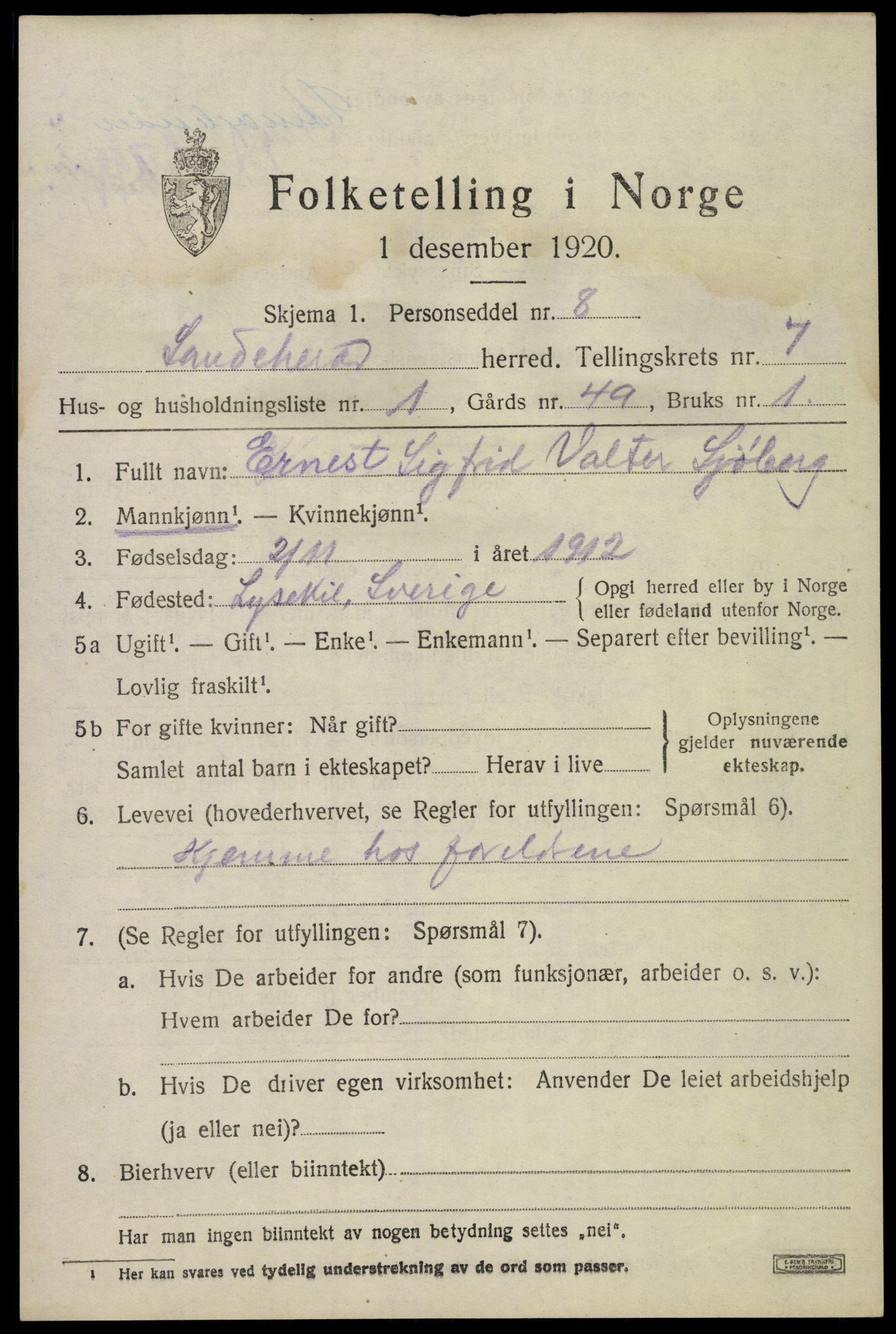 SAKO, 1920 census for Sandeherred, 1920, p. 11928