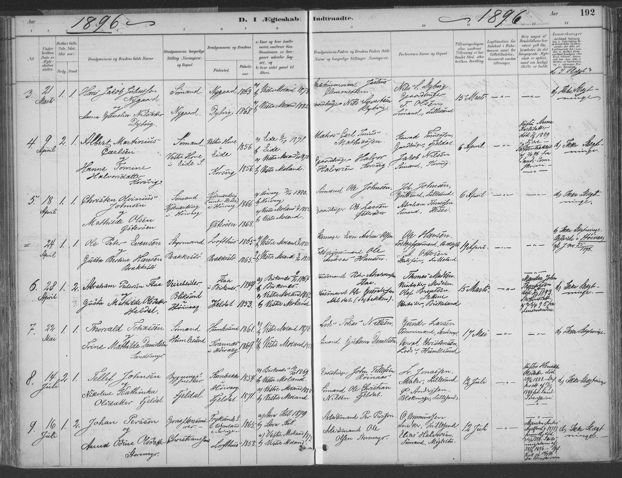 Vestre Moland sokneprestkontor, AV/SAK-1111-0046/F/Fa/Fab/L0009: Parish register (official) no. A 9, 1884-1899, p. 192