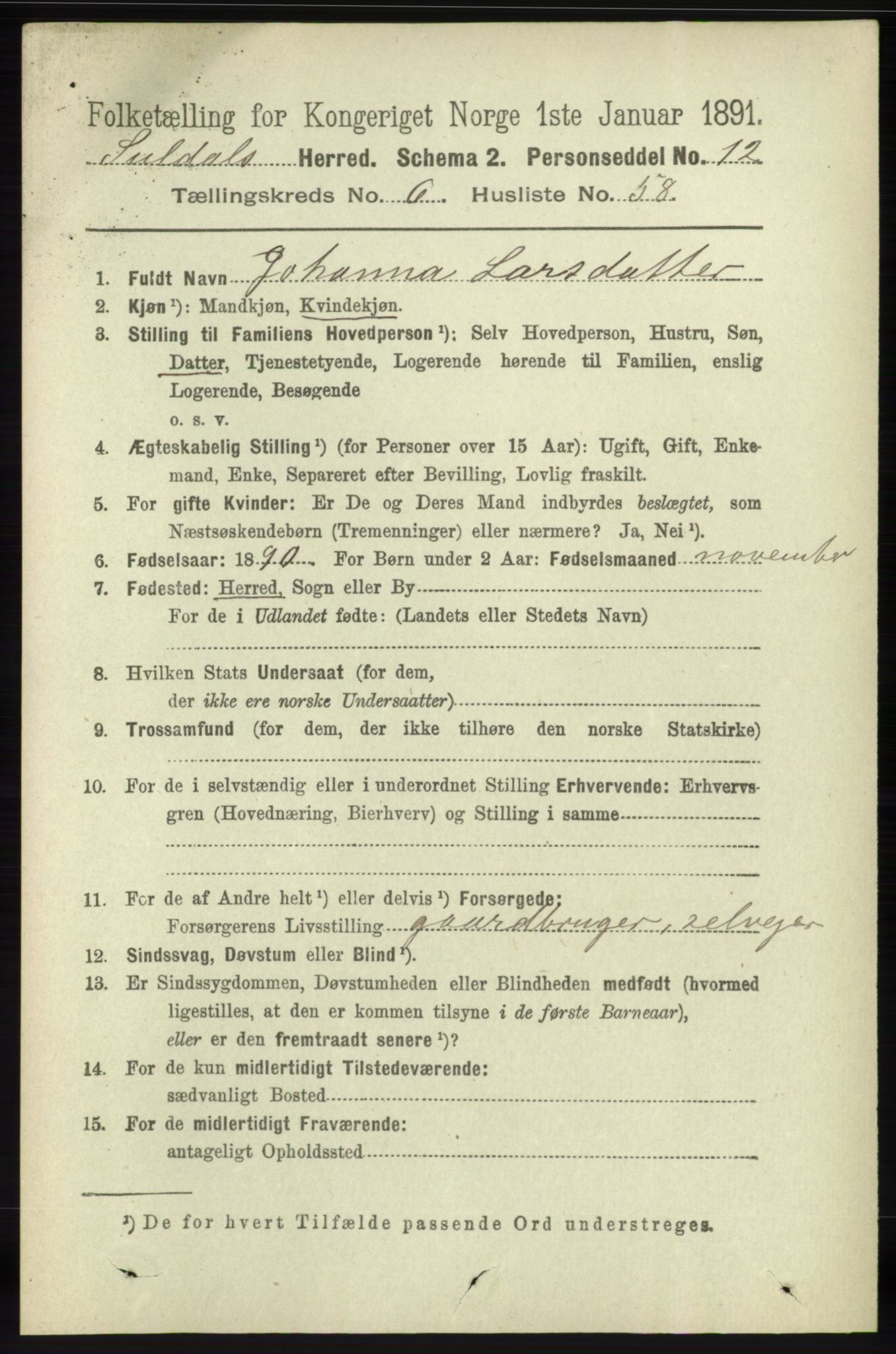 RA, 1891 census for 1134 Suldal, 1891, p. 1930