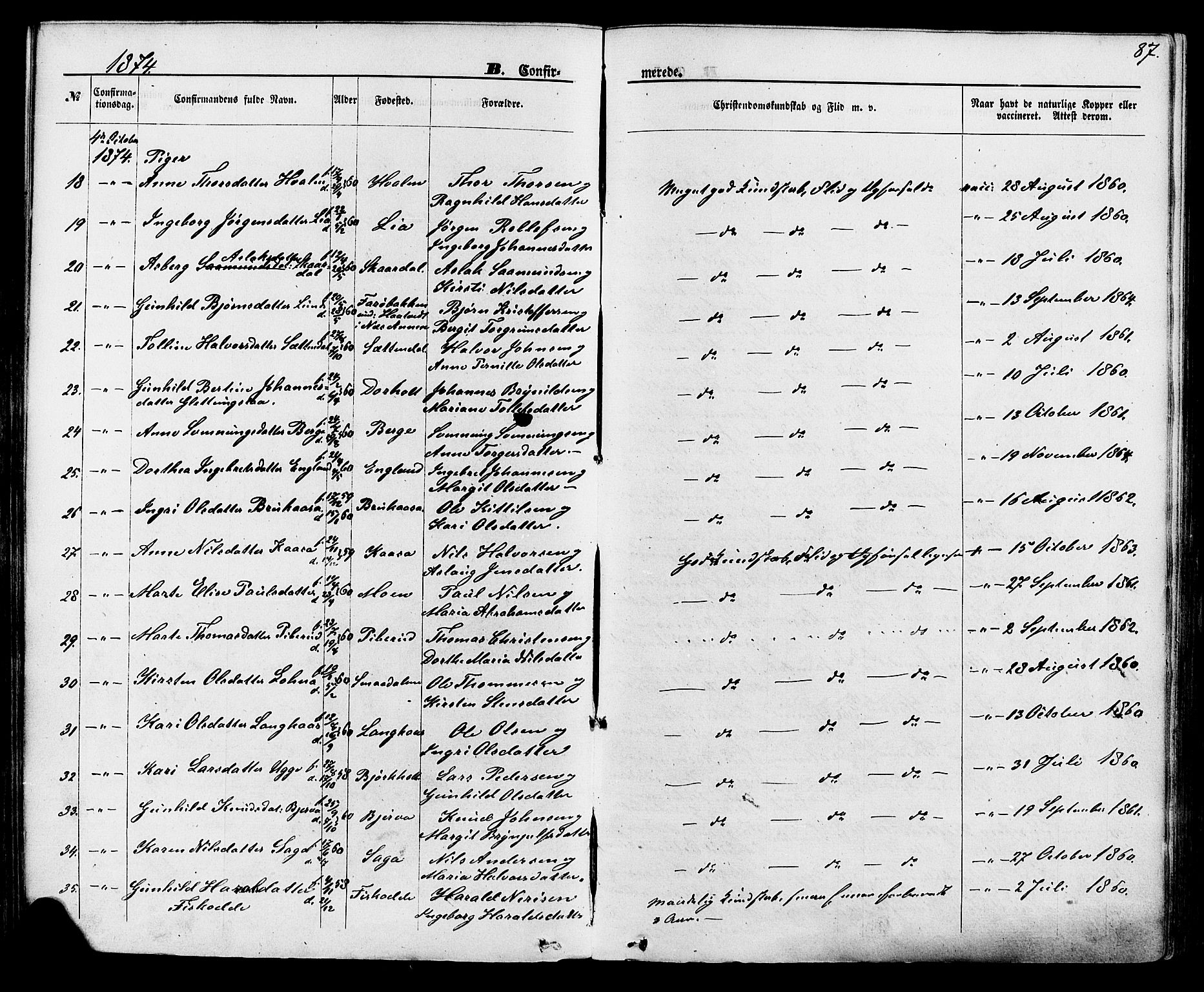Lunde kirkebøker, AV/SAKO-A-282/F/Fa/L0001: Parish register (official) no. I 1, 1866-1883, p. 87