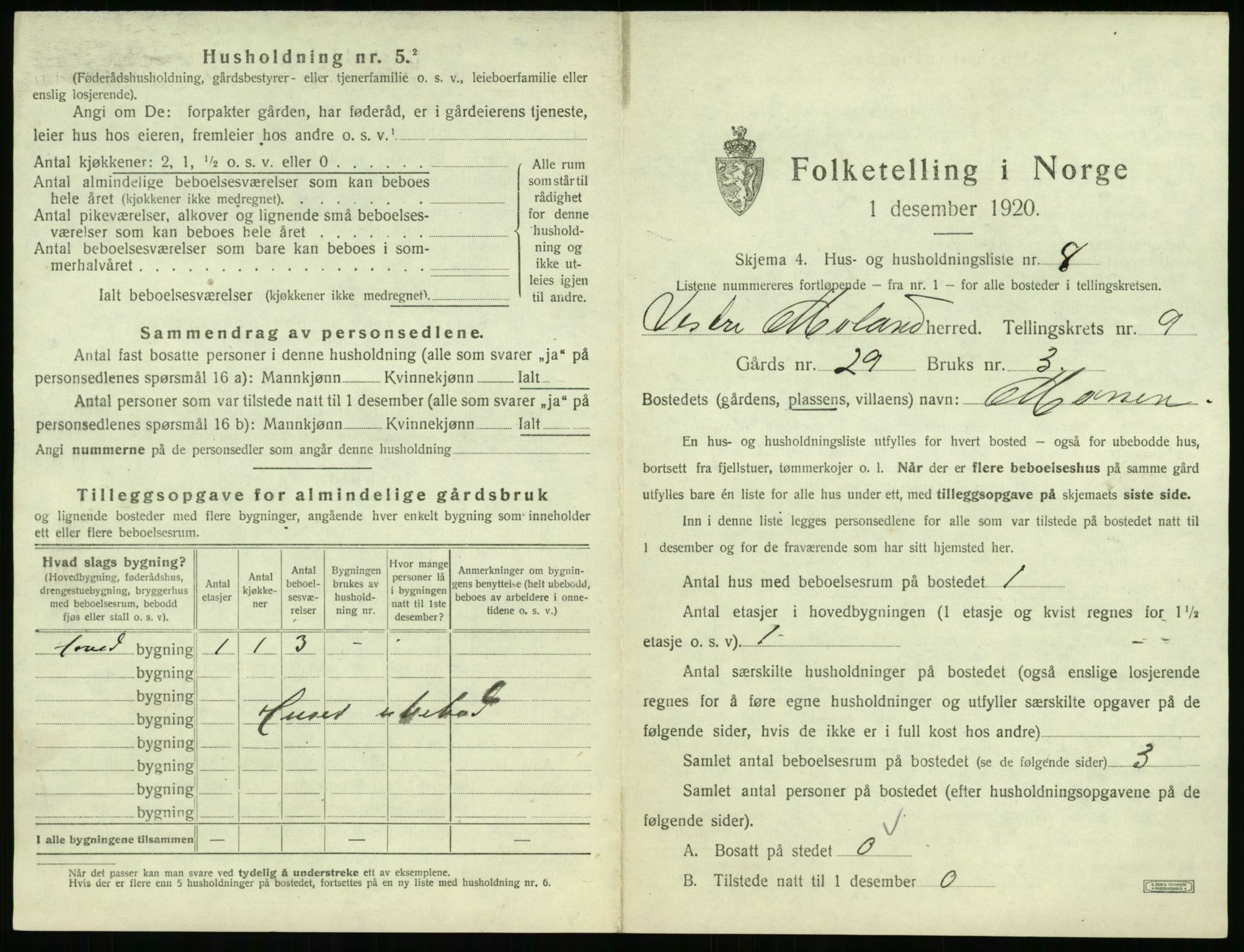 SAK, 1920 census for Vestre Moland, 1920, p. 1043