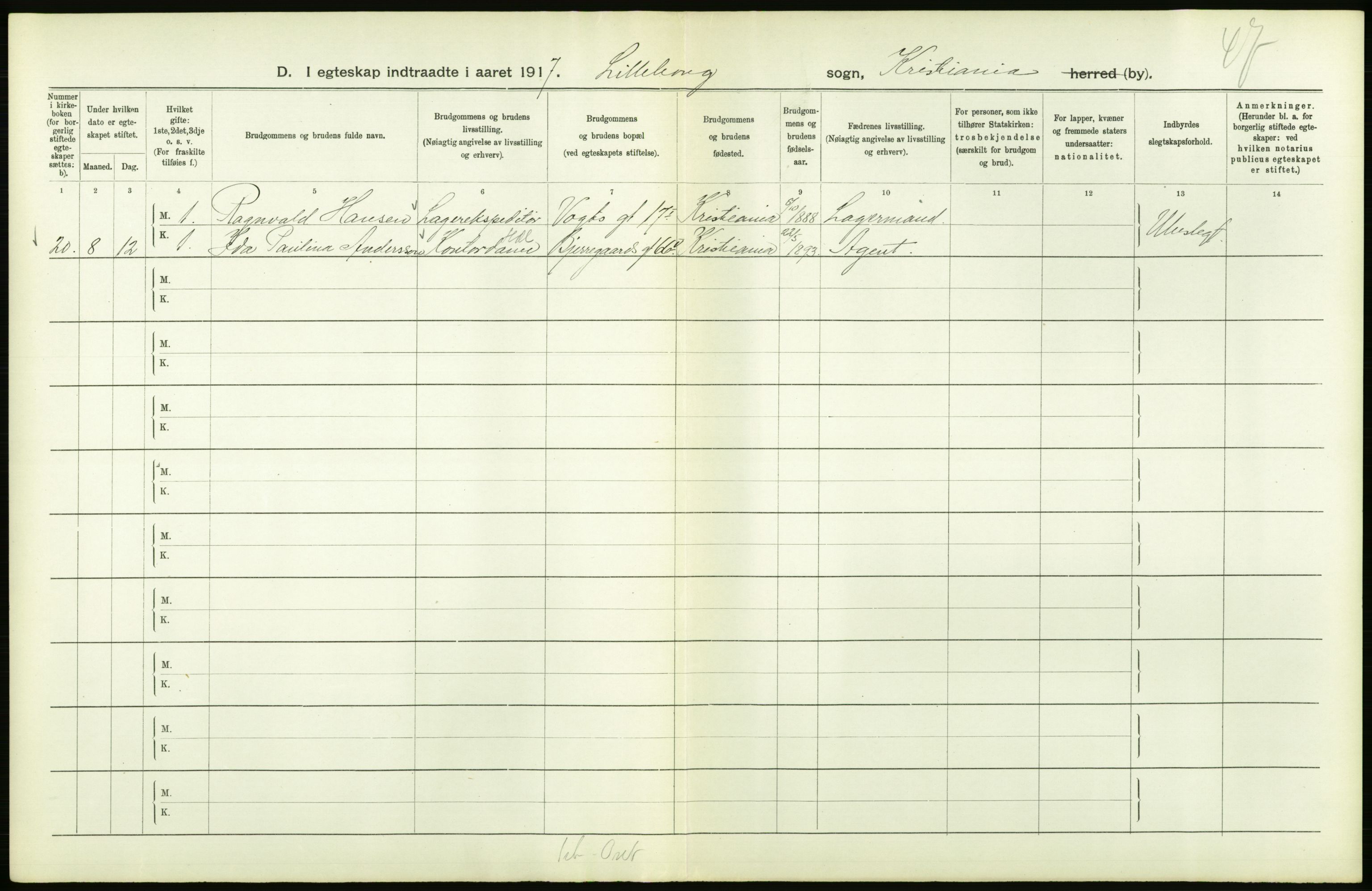 Statistisk sentralbyrå, Sosiodemografiske emner, Befolkning, AV/RA-S-2228/D/Df/Dfb/Dfbg/L0008: Kristiania: Gifte, 1917, p. 130