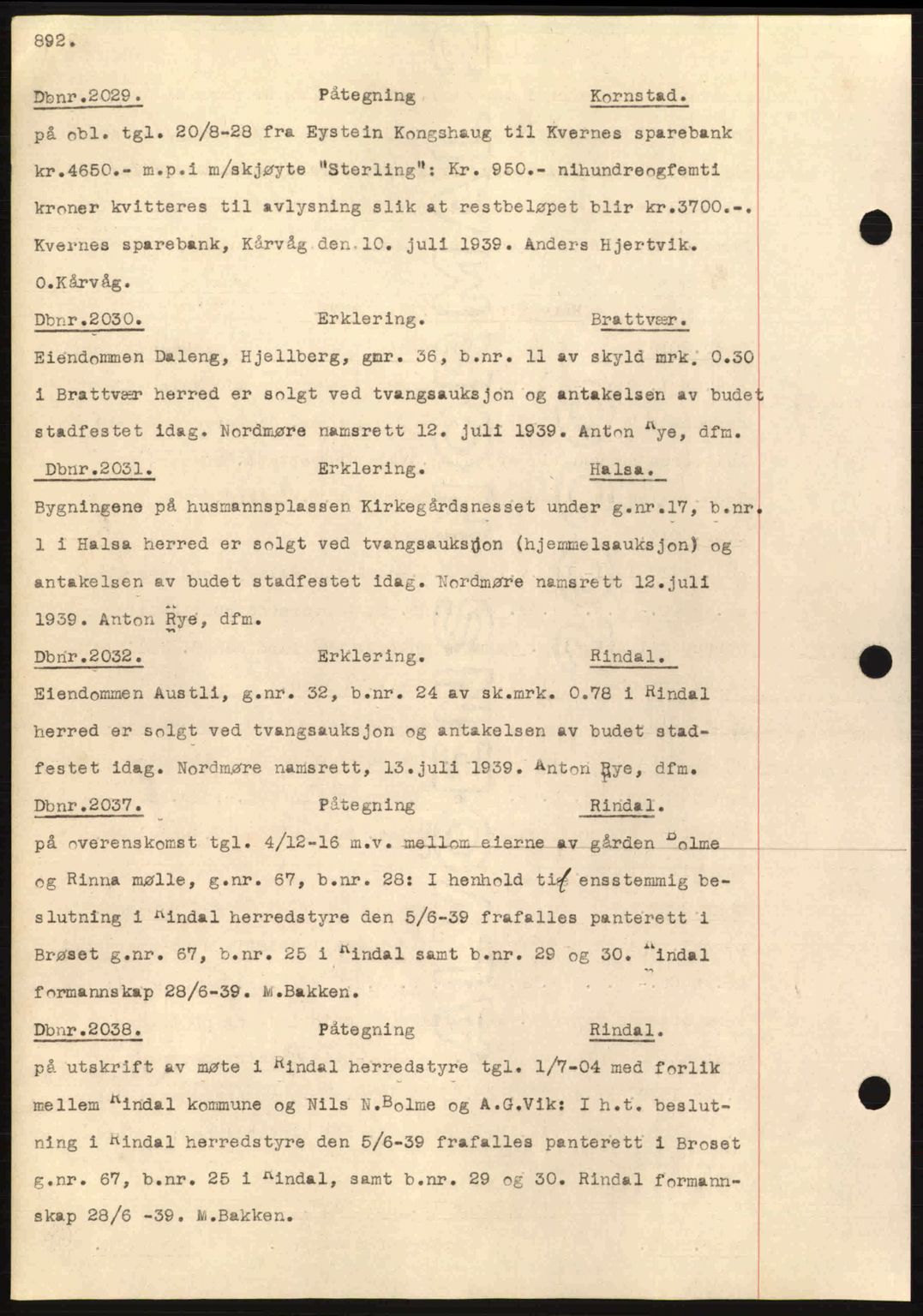 Nordmøre sorenskriveri, AV/SAT-A-4132/1/2/2Ca: Mortgage book no. C80, 1936-1939, Diary no: : 2029/1939