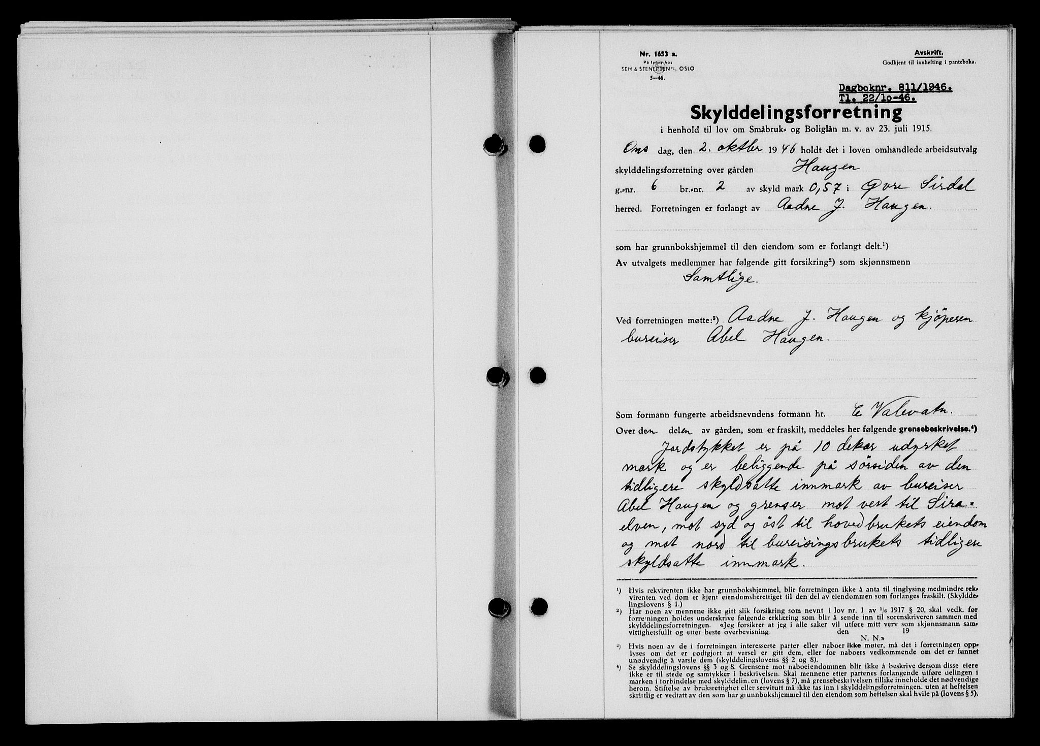 Flekkefjord sorenskriveri, AV/SAK-1221-0001/G/Gb/Gba/L0061: Mortgage book no. A-9, 1946-1947, Diary no: : 811/1946