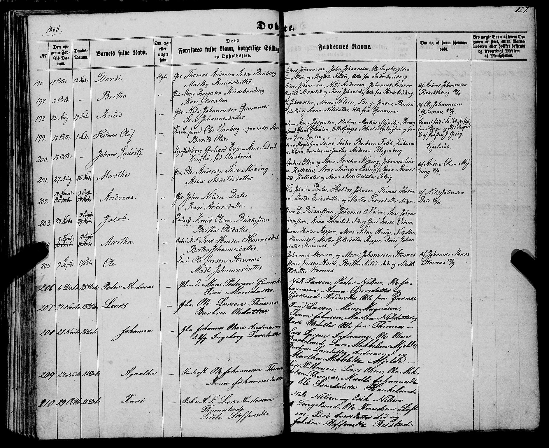 Haus sokneprestembete, AV/SAB-A-75601/H/Haa: Parish register (official) no. A 17, 1858-1870, p. 127