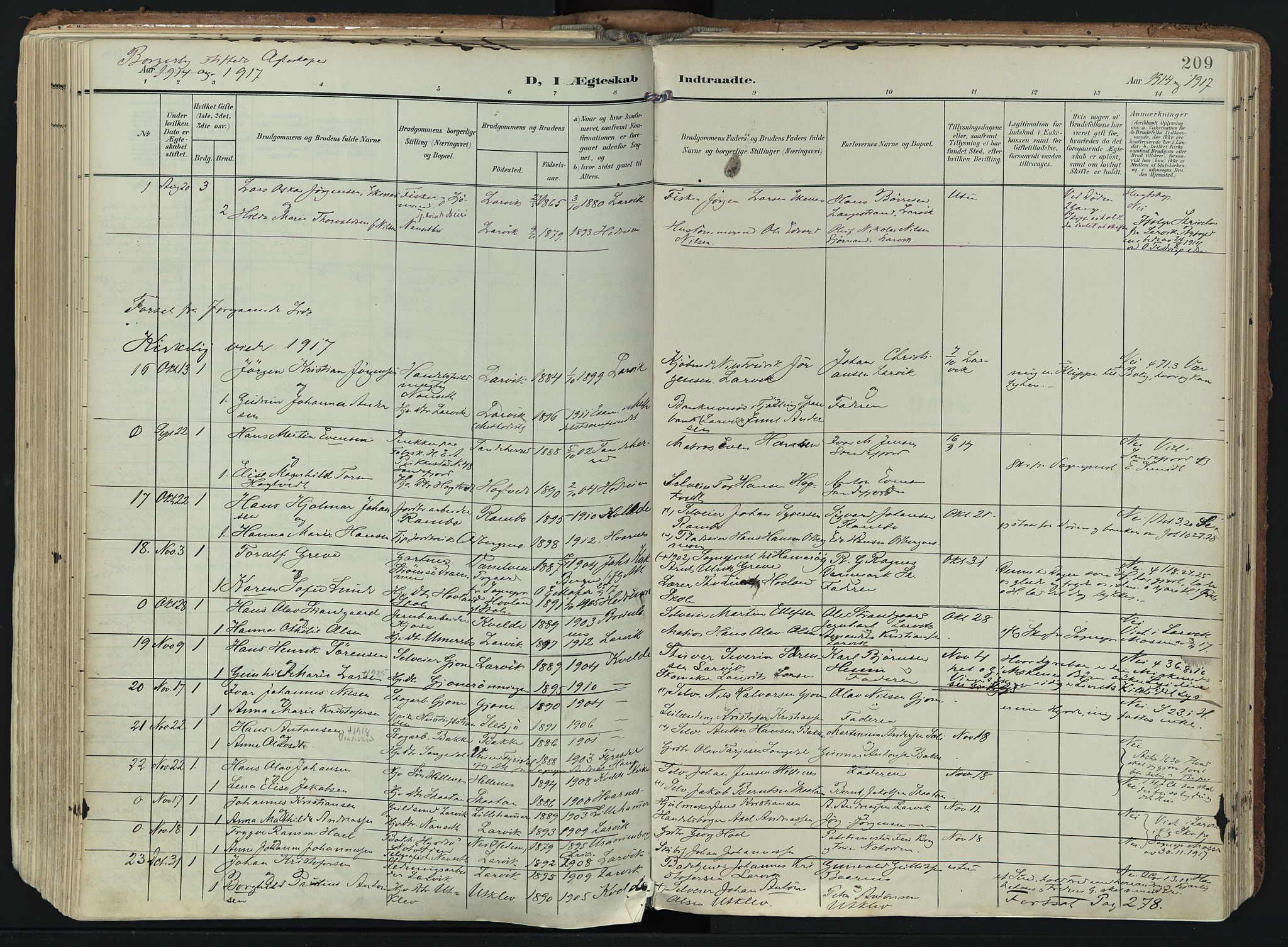 Hedrum kirkebøker, SAKO/A-344/F/Fa/L0010: Parish register (official) no. I 10, 1904-1918, p. 209