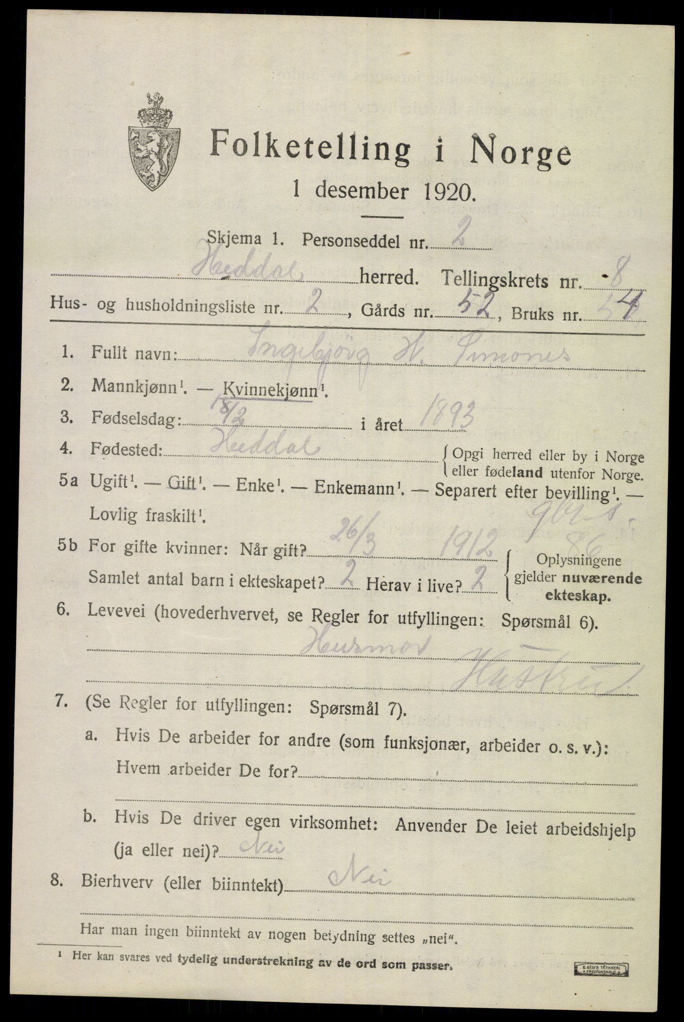 SAKO, 1920 census for Heddal, 1920, p. 6012