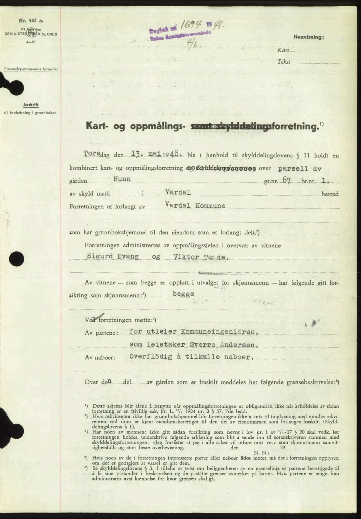 Toten tingrett, SAH/TING-006/H/Hb/Hbc/L0020: Mortgage book no. Hbc-20, 1948-1948, Diary no: : 1694/1948