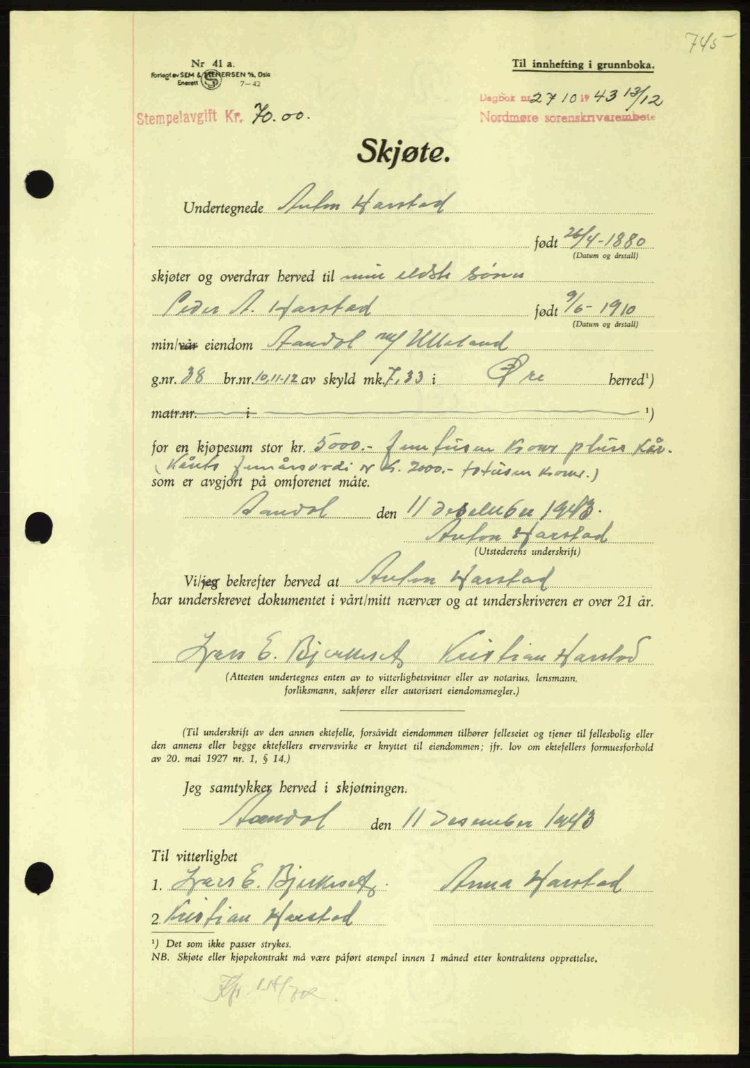 Nordmøre sorenskriveri, SAT/A-4132/1/2/2Ca: Mortgage book no. A96, 1943-1944, Diary no: : 2710/1943
