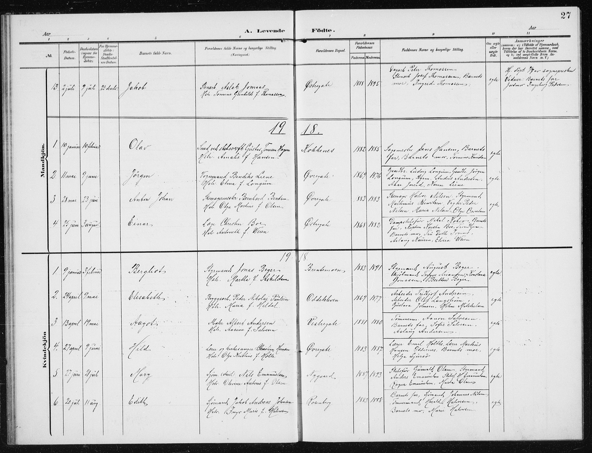 Vestre Moland sokneprestkontor, AV/SAK-1111-0046/F/Fb/Fba/L0002: Parish register (copy) no. B 2, 1904-1934, p. 27