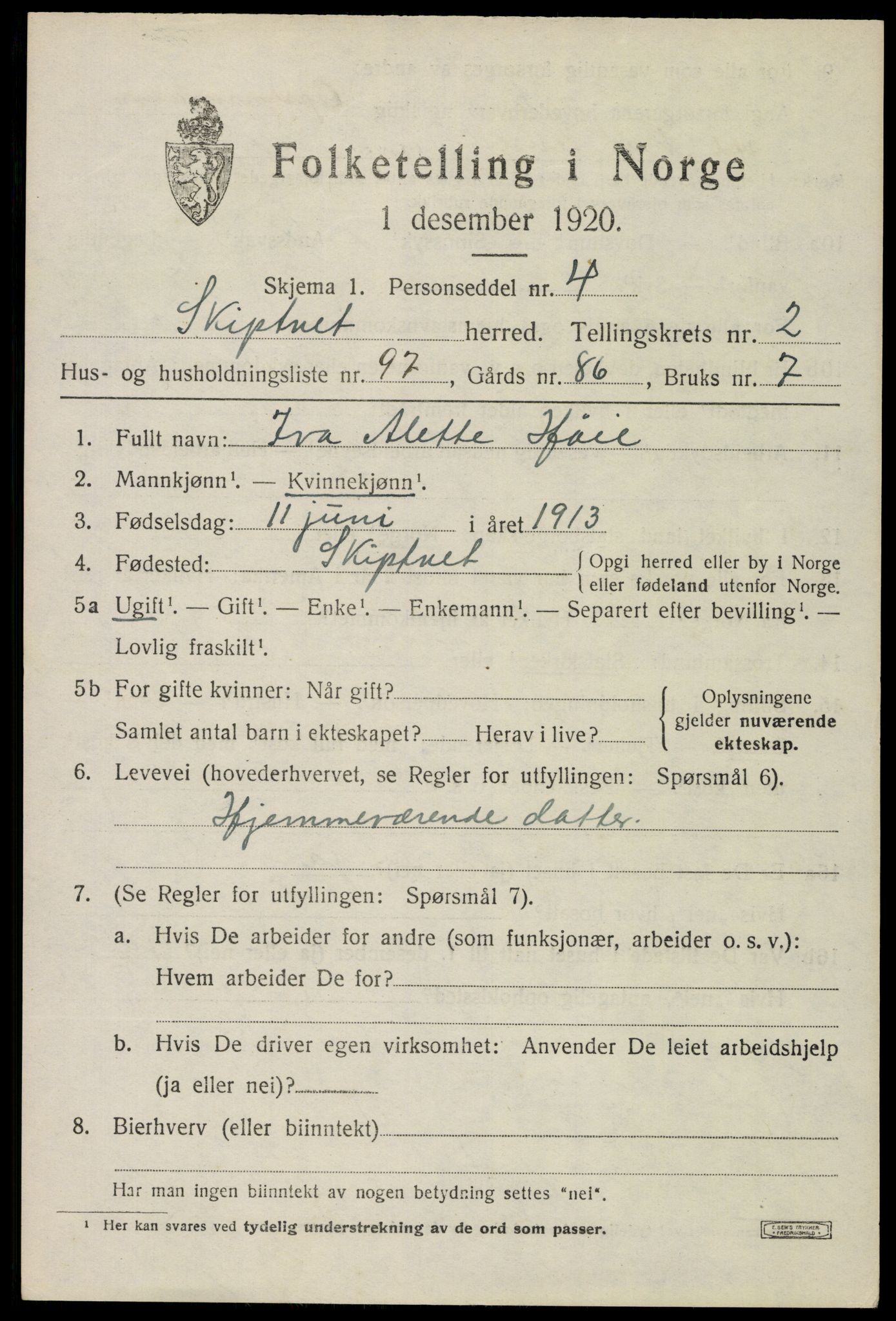 SAO, 1920 census for Skiptvet, 1920, p. 2905